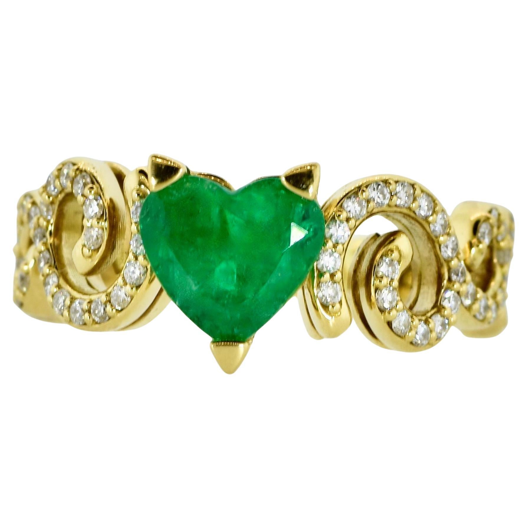 Brilliant Cut 18 yellow gold,  Fine Vivid Green Emerald and White Diamond Contemporary Ring