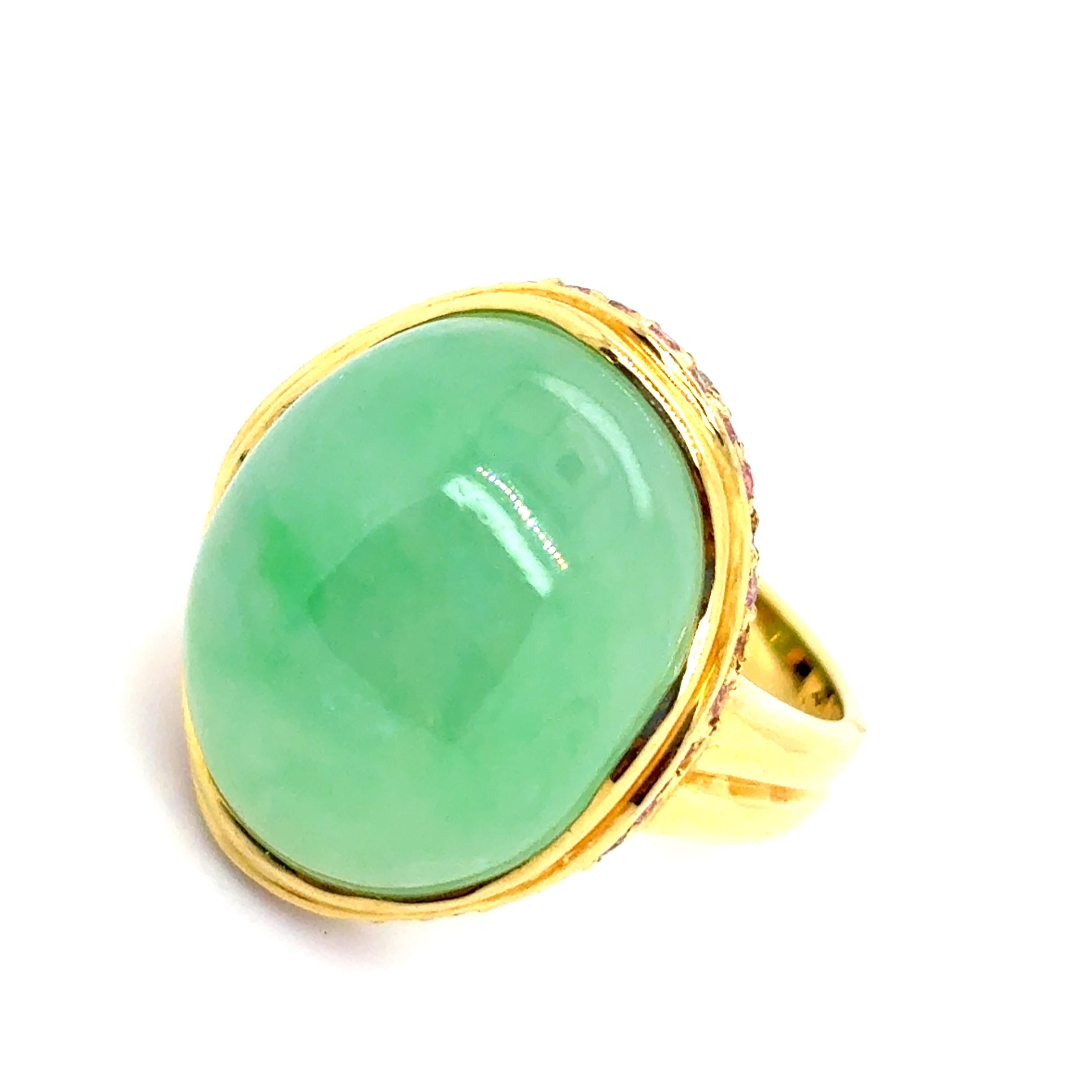 da uomo o donna Anello di fidanzamento in oro giallo 18, zaffiro di giada da 0,54 carati e diamante da 0,23 carati in vendita