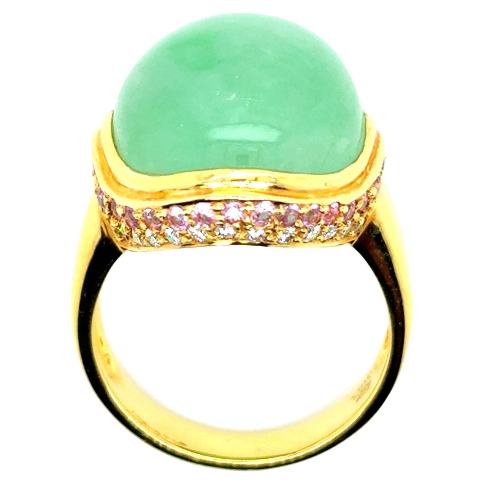 Anello di fidanzamento in oro giallo 18, zaffiro di giada da 0,54 carati e diamante da 0,23 carati in vendita