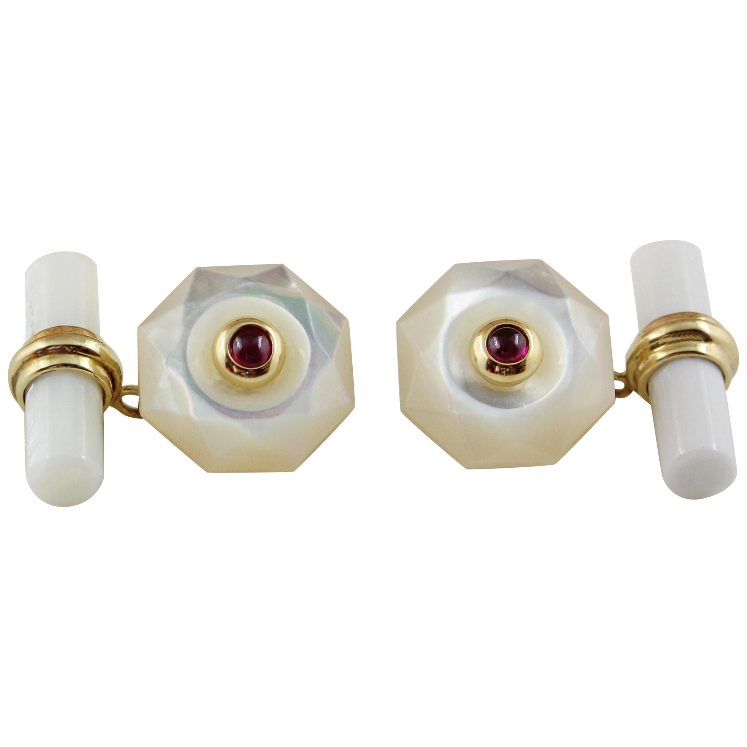 18 Yellow Gold Mother of Pearl Cabochon Rubies Cufflinks