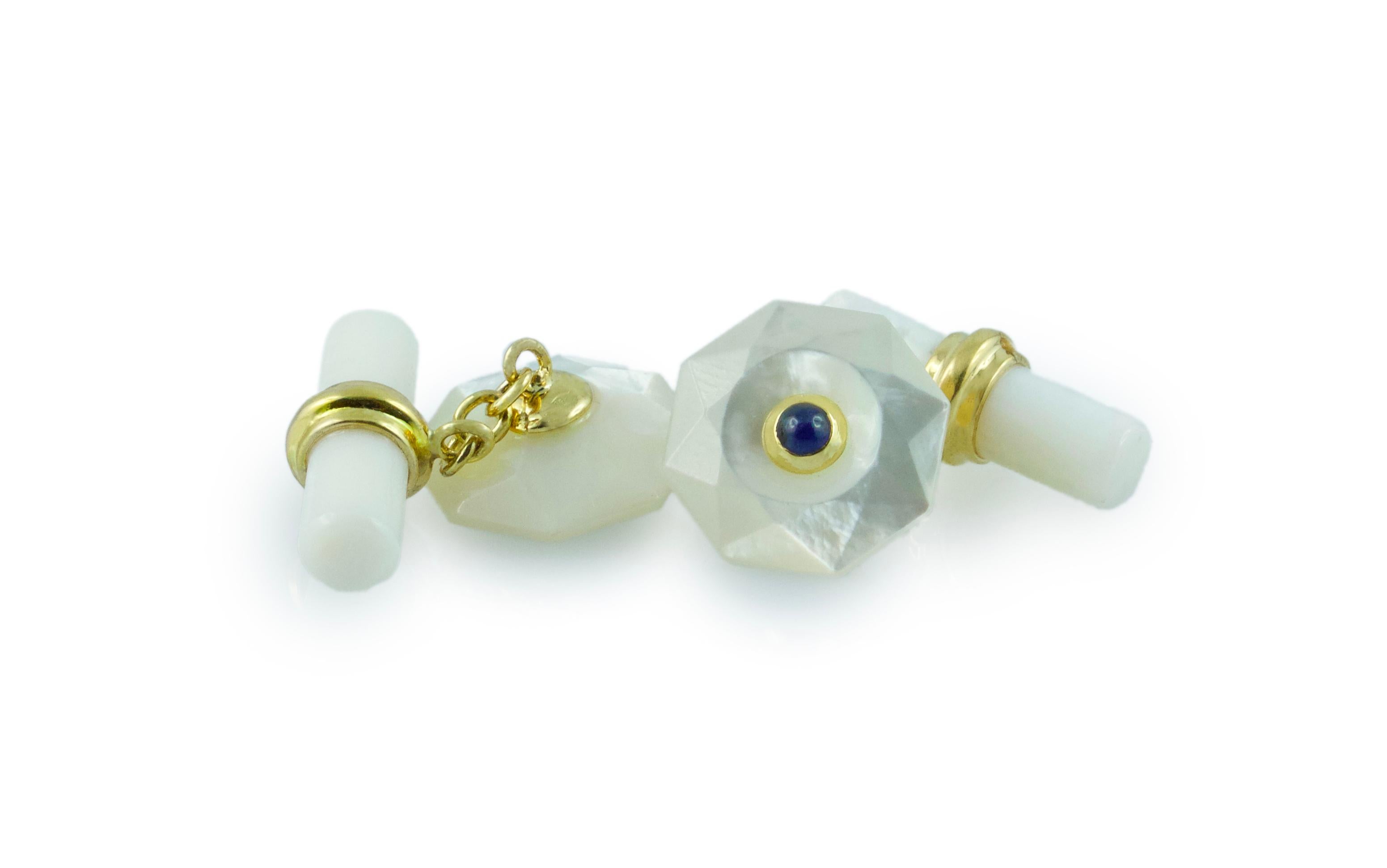 Cabochon 18 Yellow Gold Mother-of-Pearl with Sapphires Cufflinks For Sale