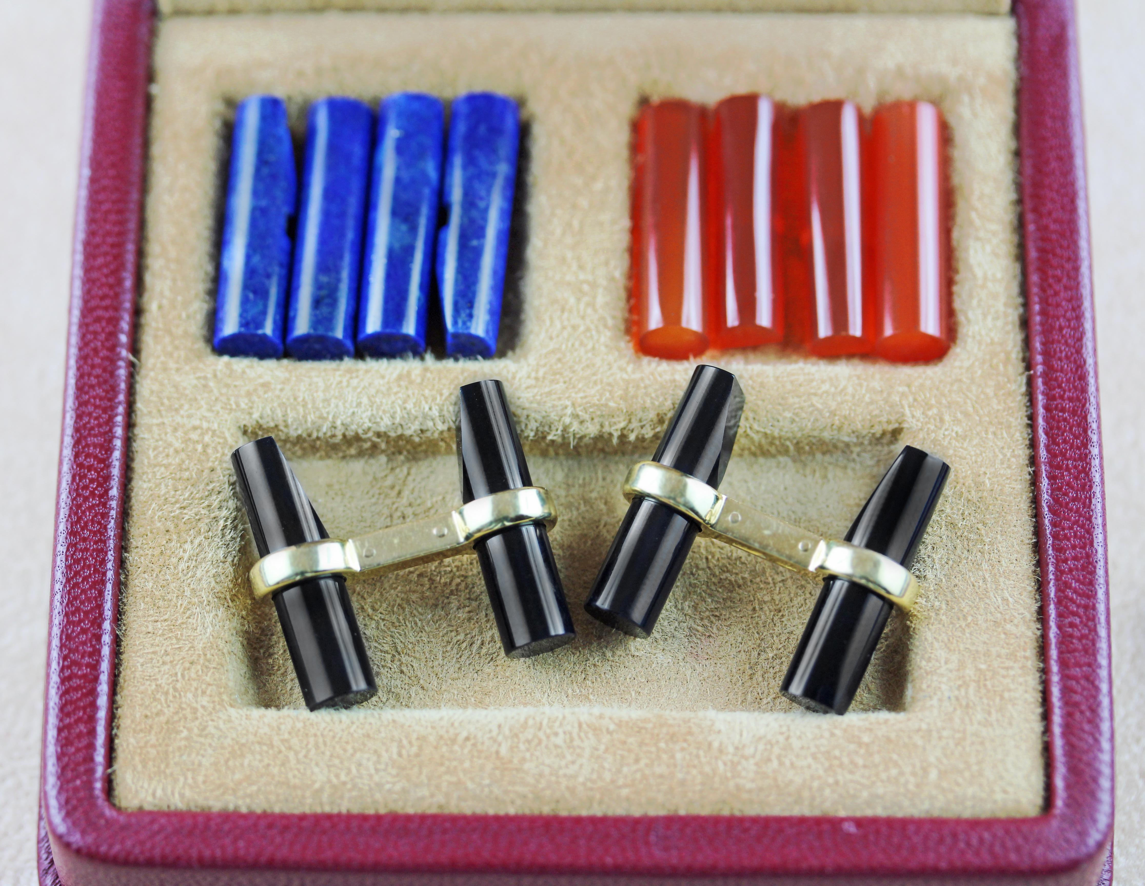 This unique set allows to create striking combinations of cufflinks for any occasion. 
It is comprised of three different pair of cylindrical elements a available in the following materials: 
- White agate,  
- Lapis lazuli, 
- Malachite,  
-