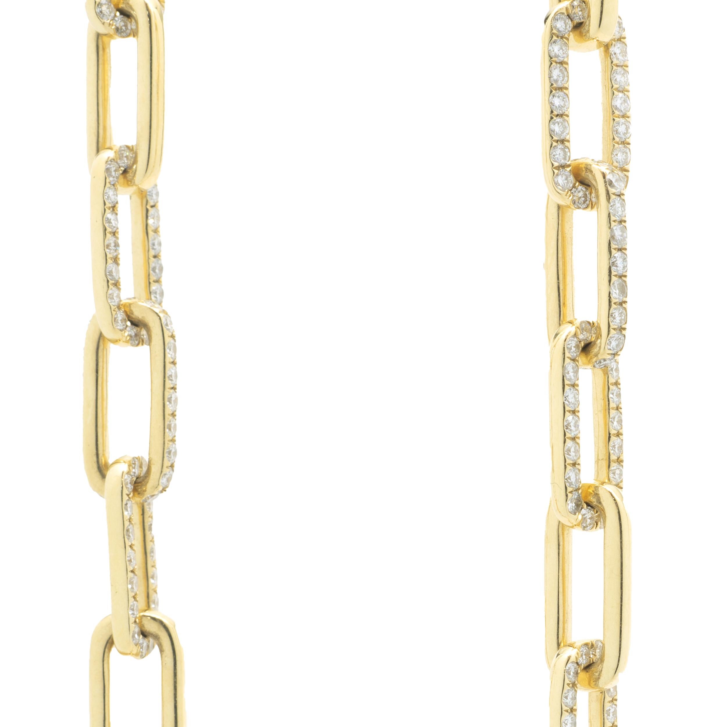 Designer: custom design
Material: 18K yellow gold
Diamonds: 336 round brilliant cut = 5.75cttw
Color: G
Clarity: VS2
Dimensions: necklace measures 24-inches in length 
Weight: 76.06 grams
