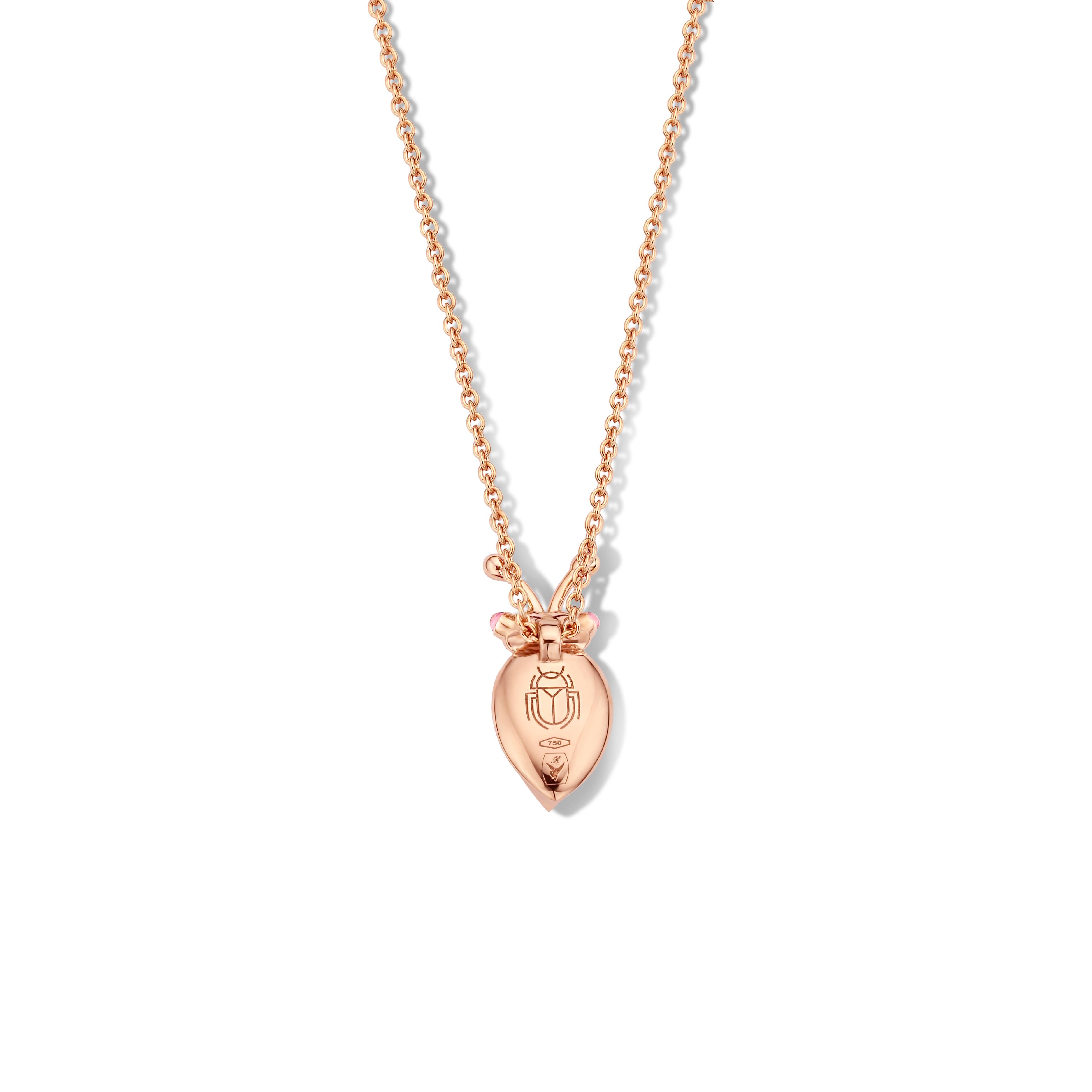 One-of-a-kind lucky beetle necklace in 18-Karat rose gold 6g created by jewelry designer Celine Roelens. 

This necklace is set with one natural, vivid pink tourmaline in pear cabochon cut and 0.04Ct of the finest brilliant cut diamonds in VVS/DEF