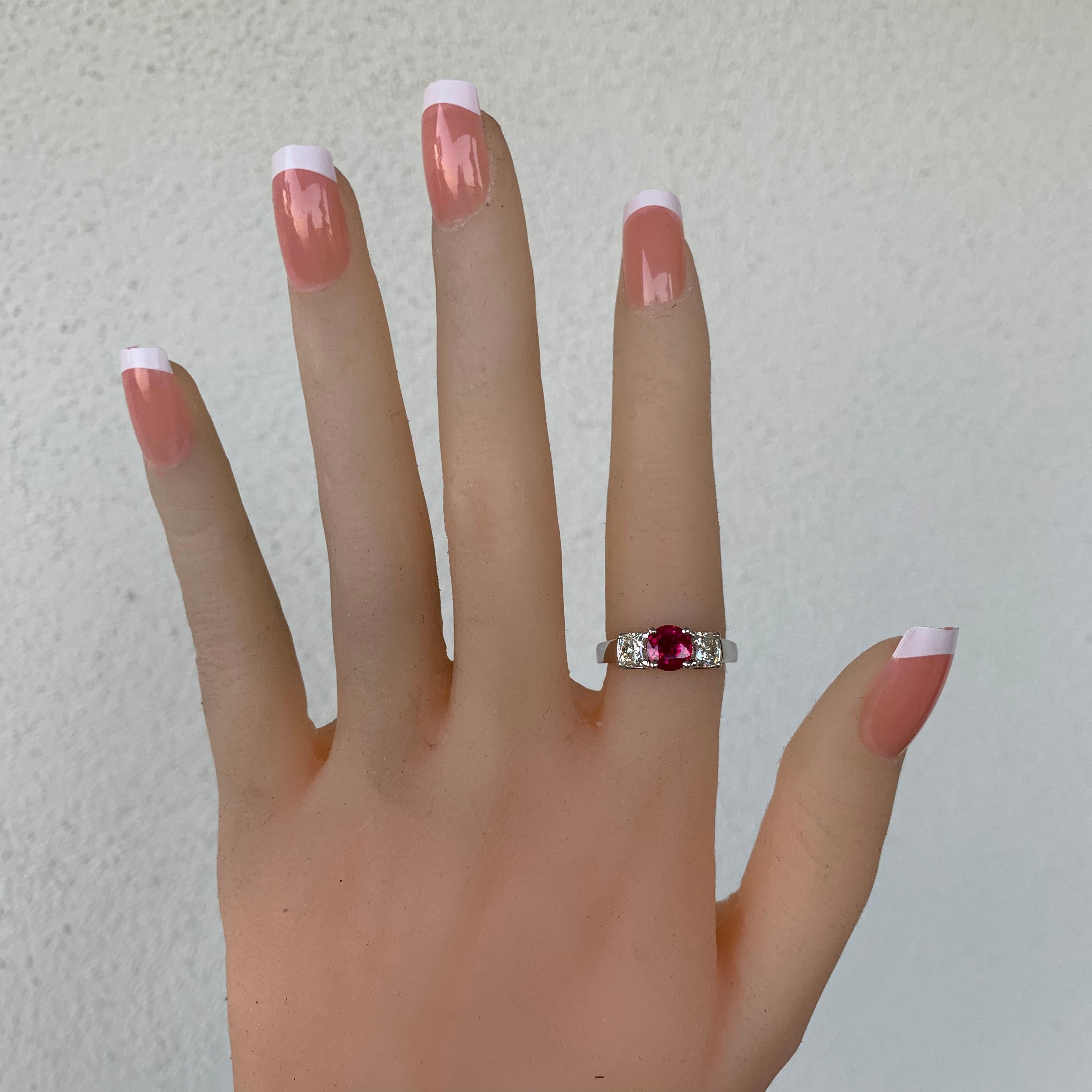 Round Cut 1.80 Carat Approx. Round Burma Ruby and Cushion 3-Stone Ring, Ben Dannie Design For Sale