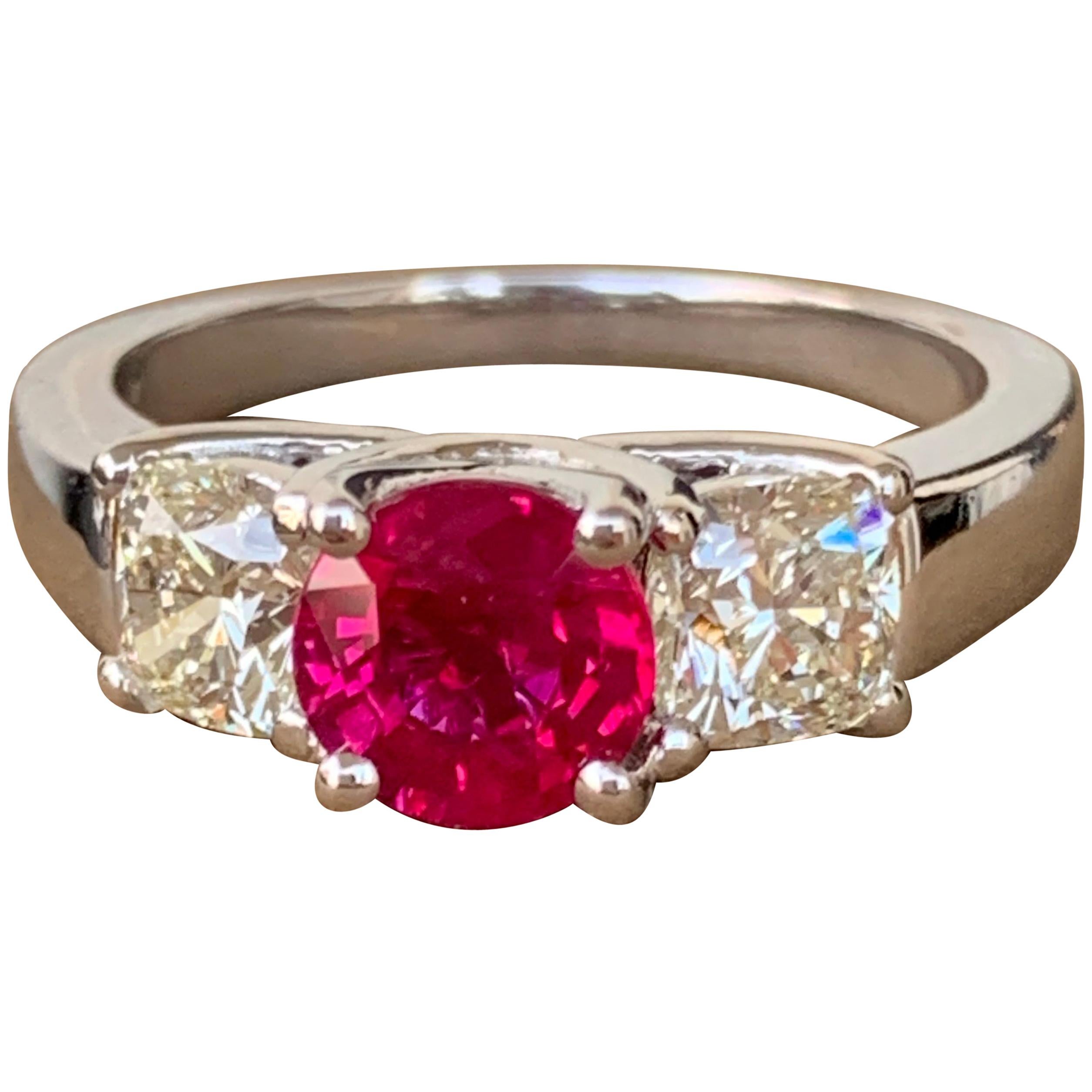 1.80 Carat Approx. Round Burma Ruby and Cushion 3-Stone Ring, Ben Dannie Design For Sale