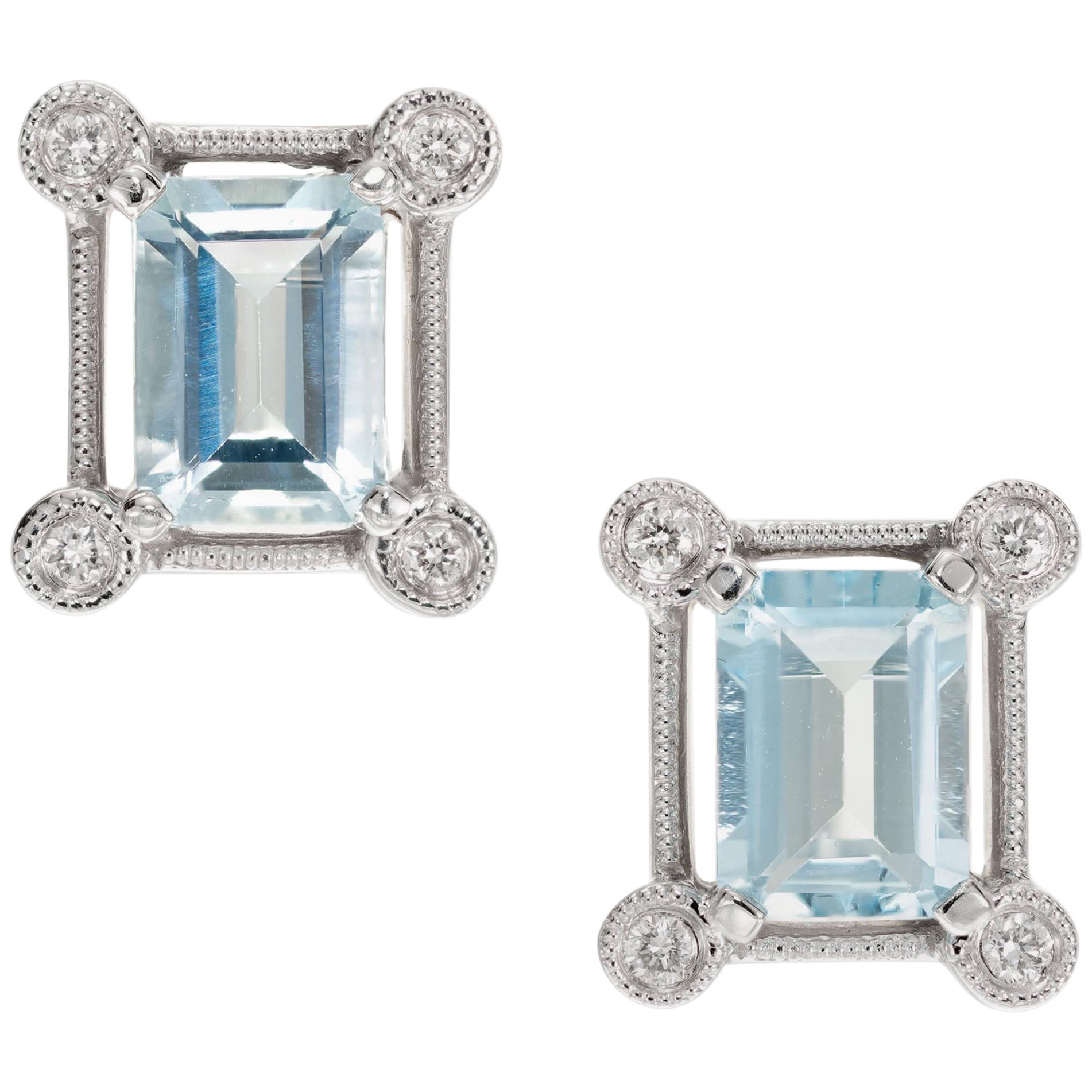 1.80 Carat Aquamarine Diamond White Gold Earrings For Sale