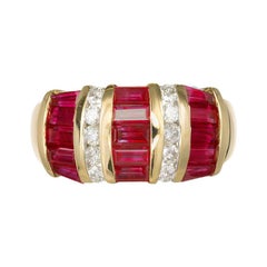 1.80 Carat Baguette Ruby Diamond Yellow Gold Cocktail Ring