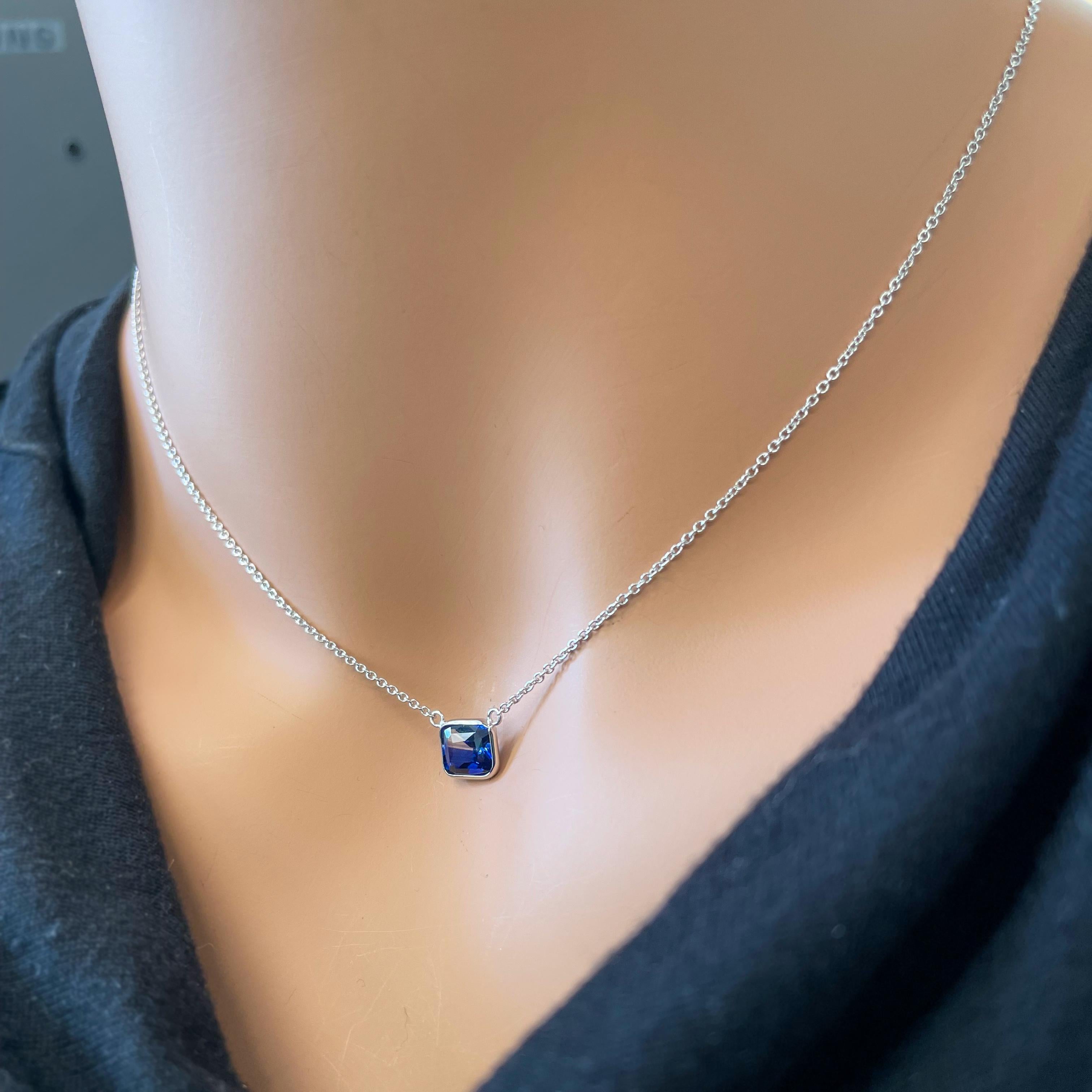 Contemporary 1.80 Carat Blue Octagonal Cut Sapphire Fashion Necklaces In 14K White Gold  For Sale