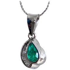 Pear Cut Colombian Emerald Diamond Pendant 18 Karat White Gold