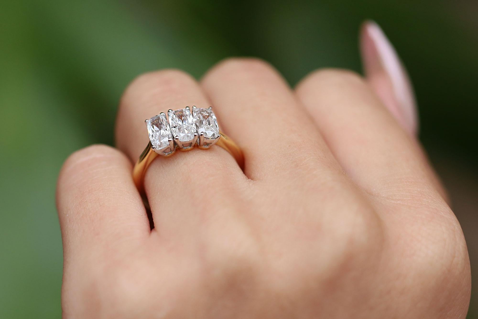 Vintage 1.80 Carat Cushion Cut Diamond 3 Stone Engagement Ring In Excellent Condition In Santa Barbara, CA