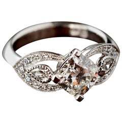 1.80 Carat Cushion Cut Diamond Engagement Ring with Ornate Scalloped Shoulders