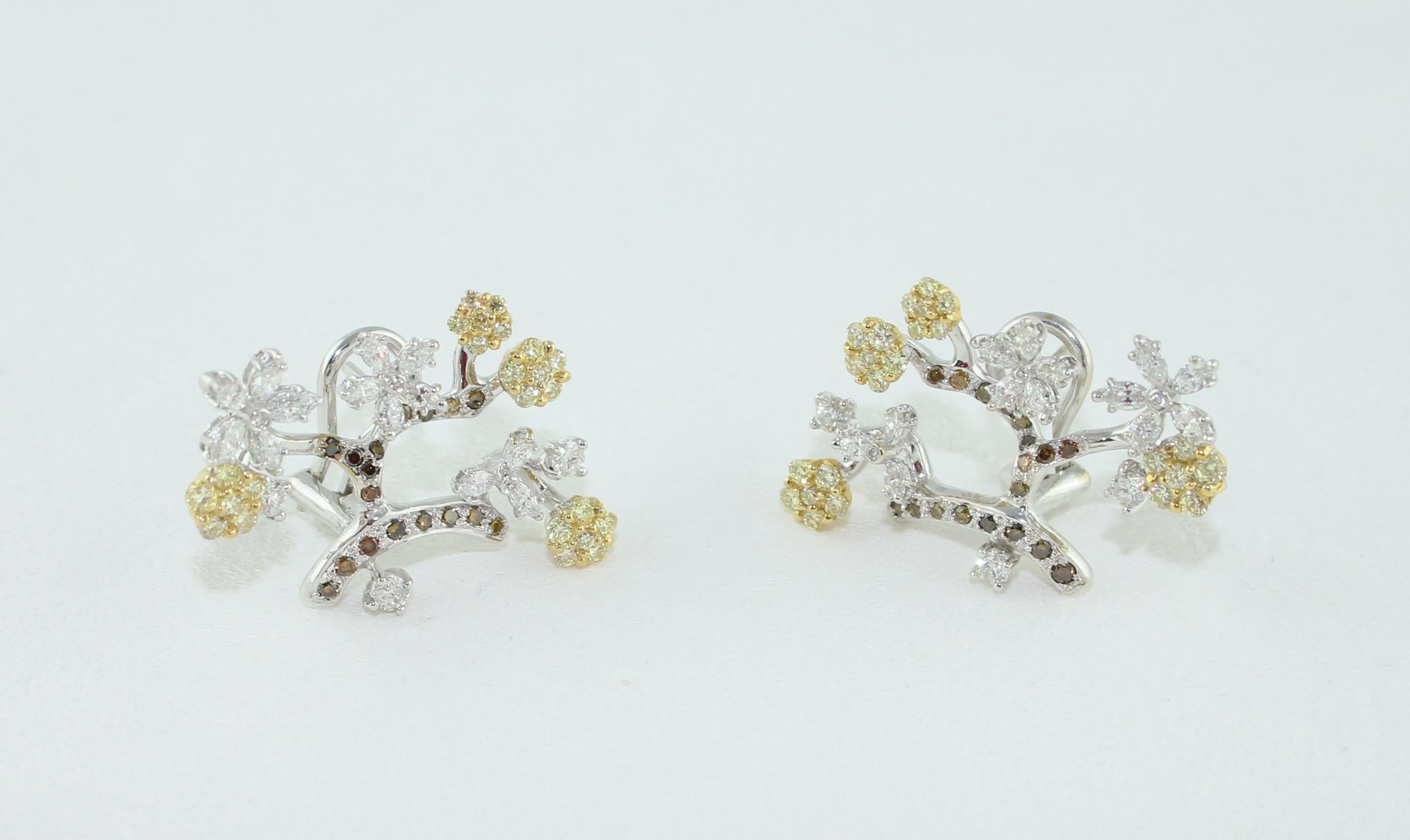 1.80 Carat Diamond Gold Flower Branch Earrings For Sale 1