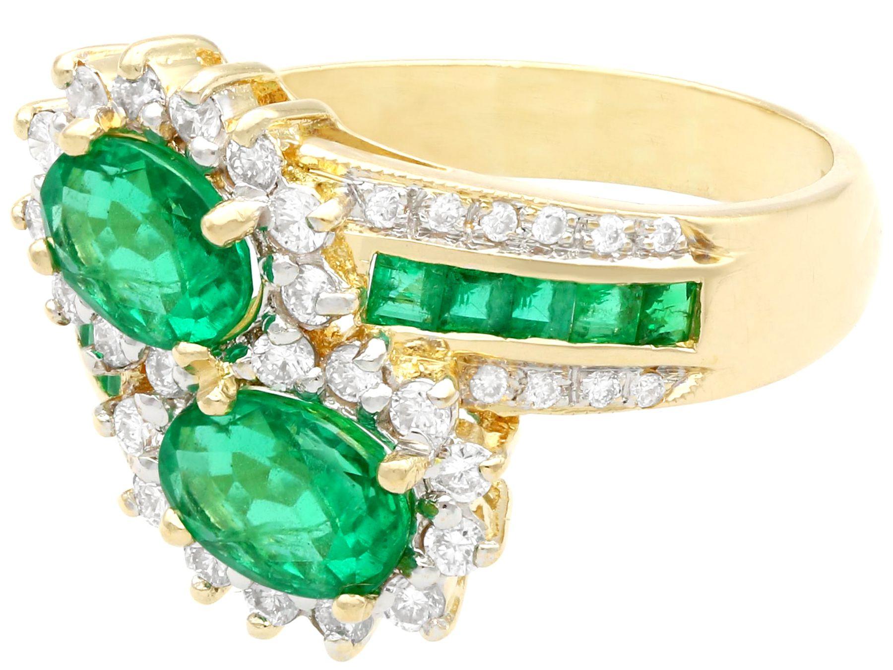 Oval Cut 1.80 Carat Emerald and 1.05 Carat Diamond Yellow Gold Cocktail Ring For Sale