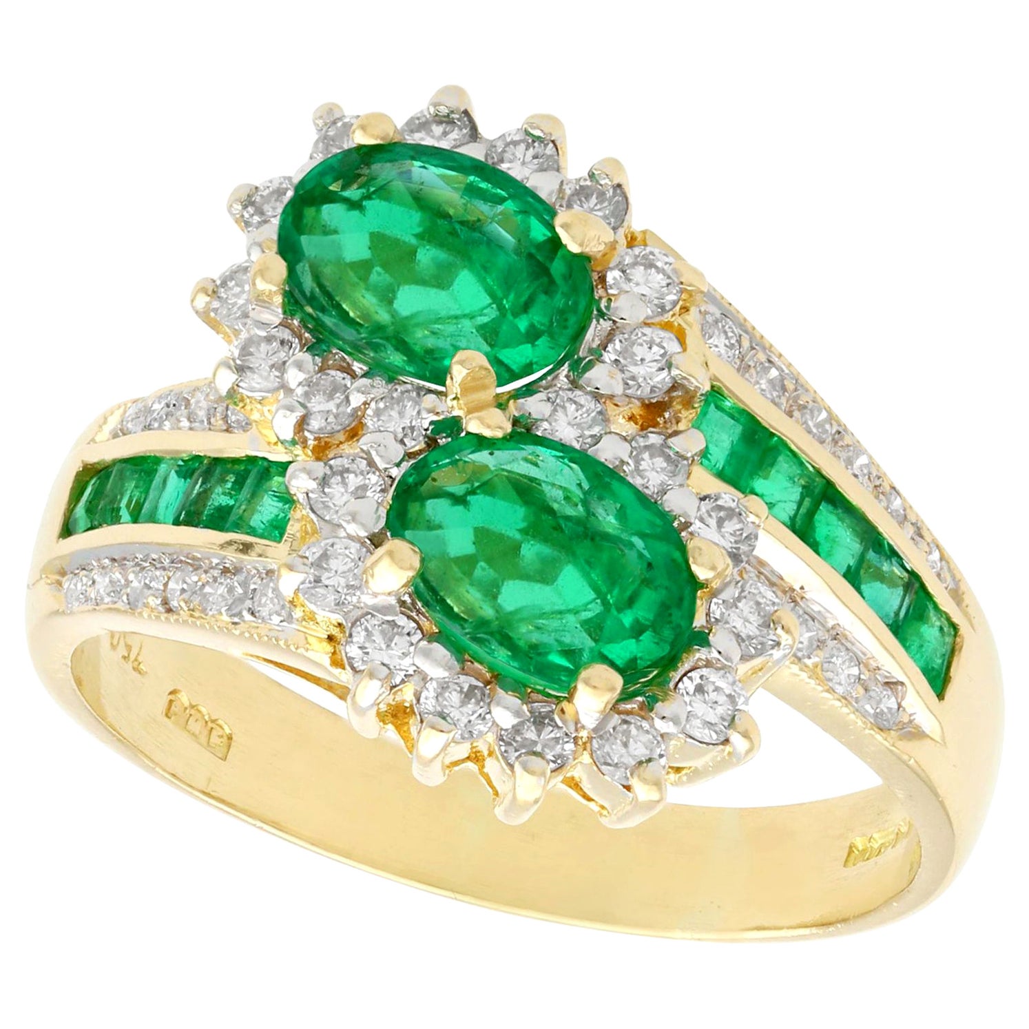 1.80 Carat Emerald and 1.05 Carat Diamond Yellow Gold Cocktail Ring For Sale