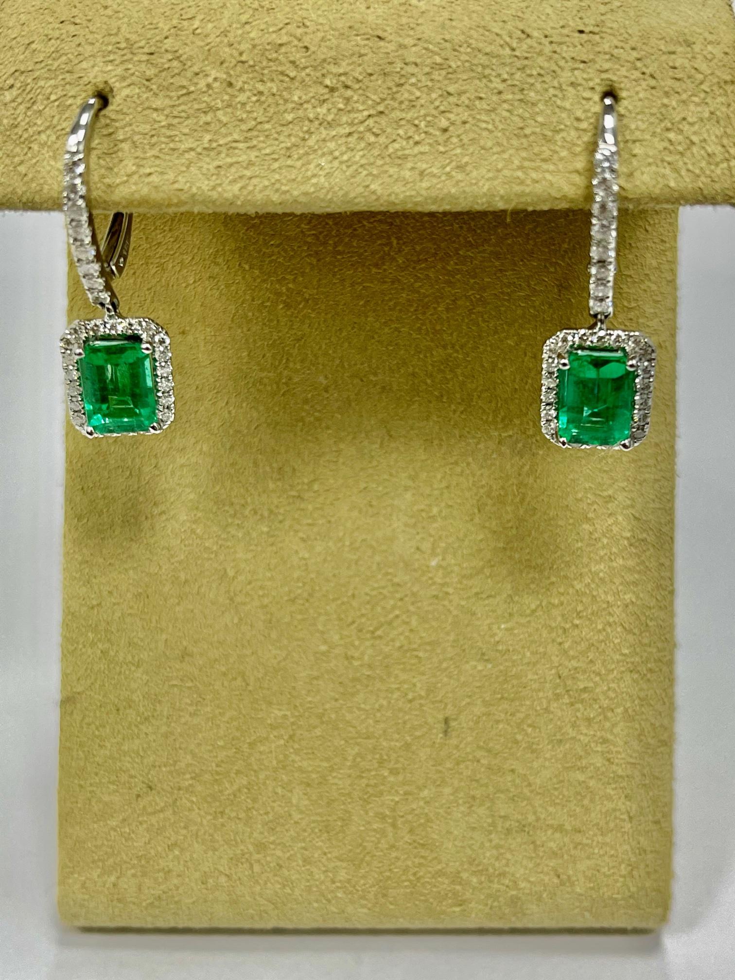 Modern 1.80 Carat Emerald Diamond Dangle Earrings