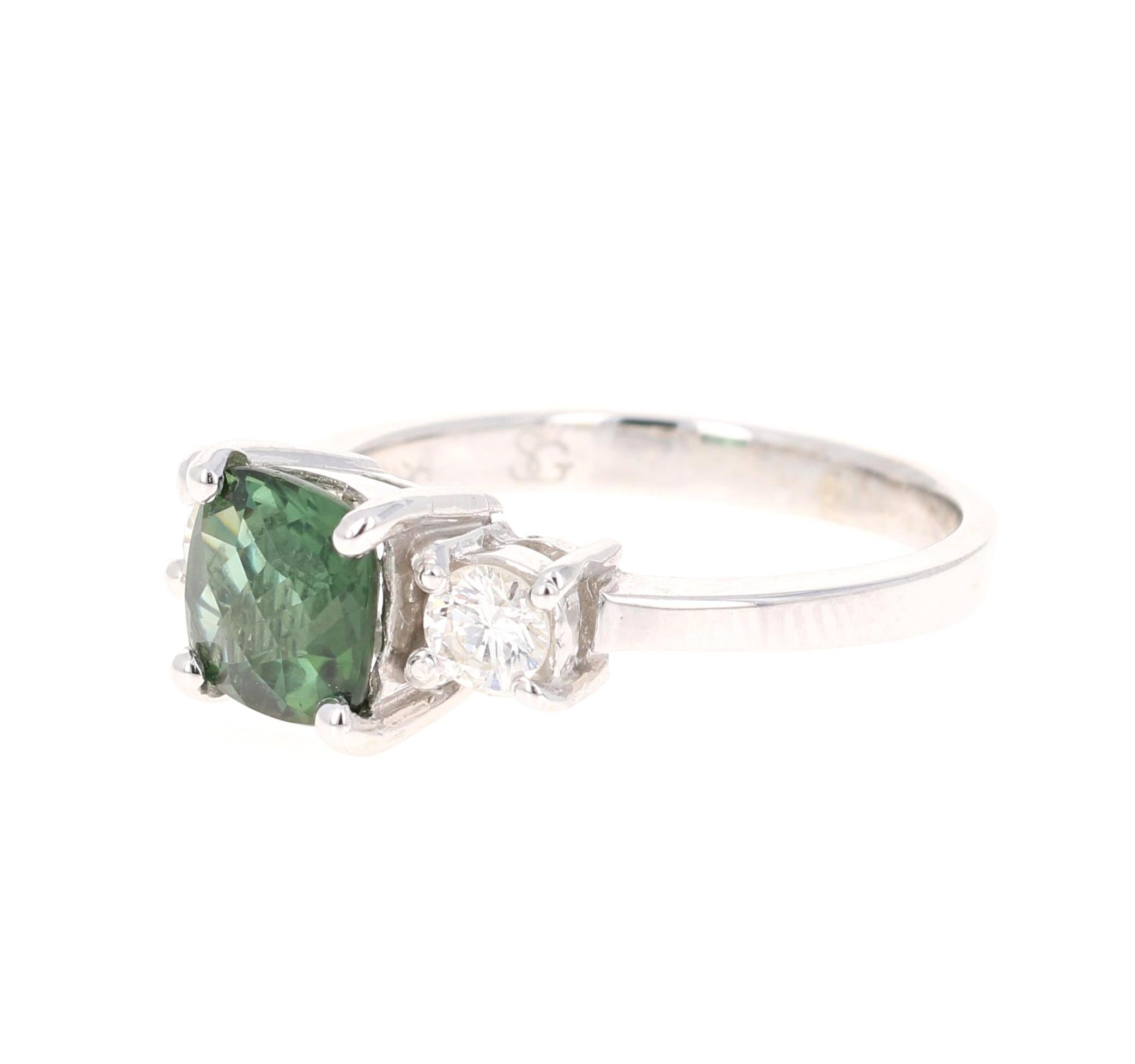 Contemporary 1.80 Carat Green Tourmaline Diamond Ring 14 Karat White Gold Three-Stone Ring For Sale