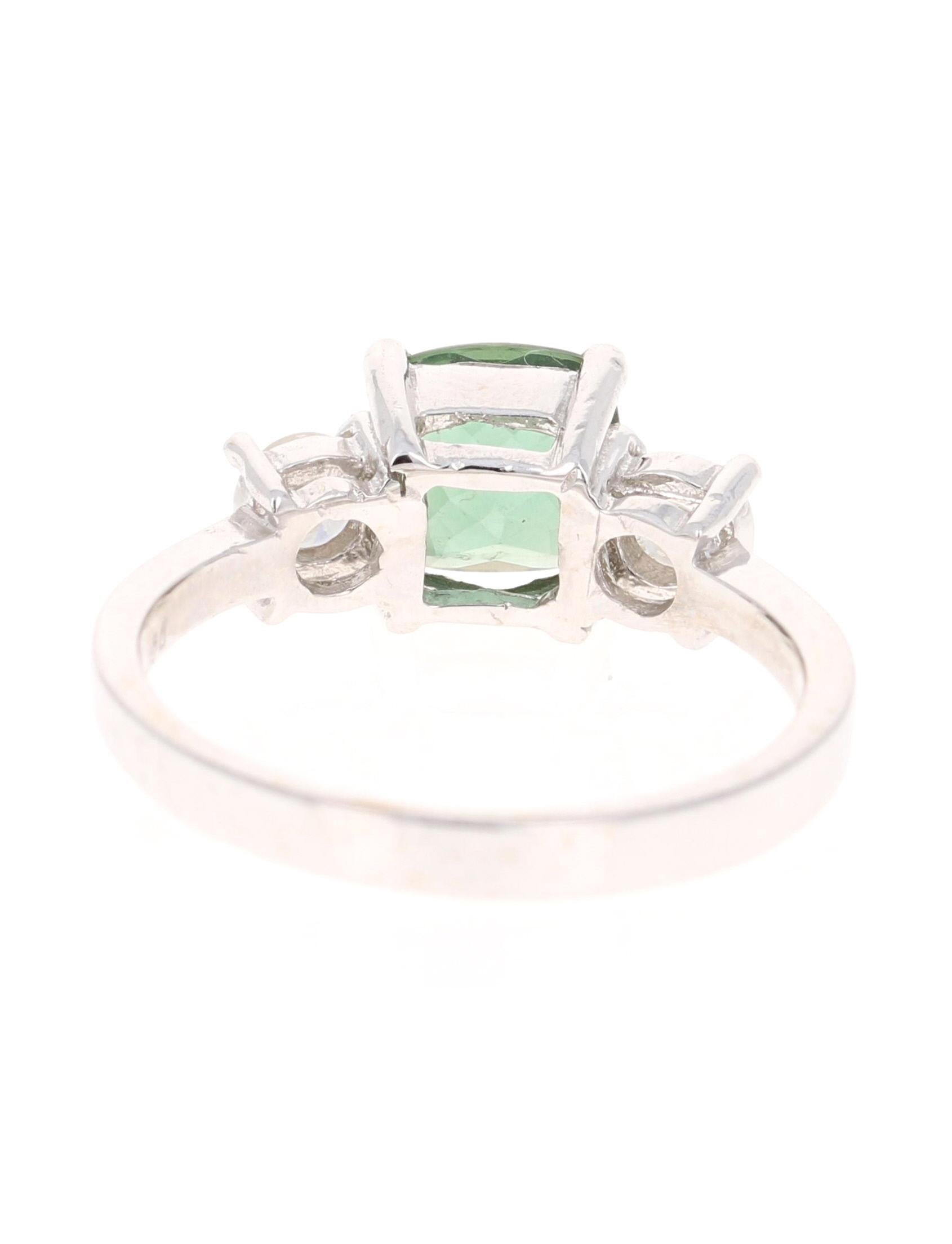 Cushion Cut 1.80 Carat Green Tourmaline Diamond Ring 14 Karat White Gold Three-Stone Ring For Sale