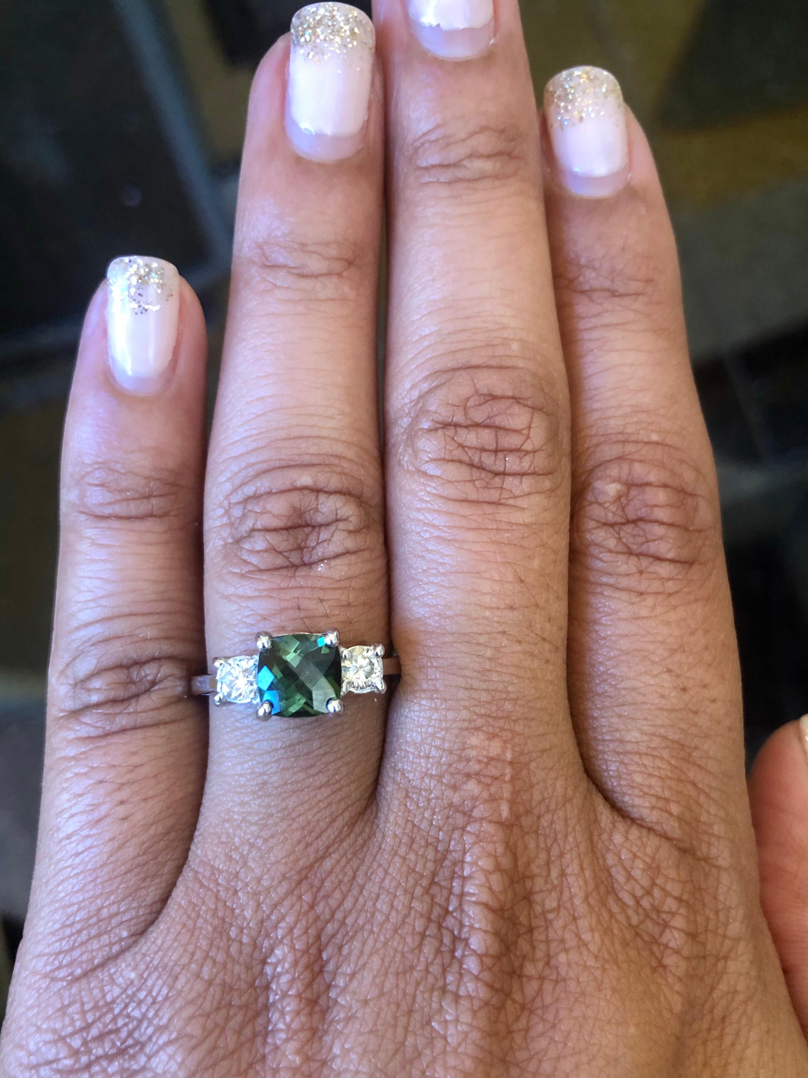 1.80 Carat Green Tourmaline Diamond Ring 14 Karat White Gold Three-Stone Ring In New Condition For Sale In Los Angeles, CA