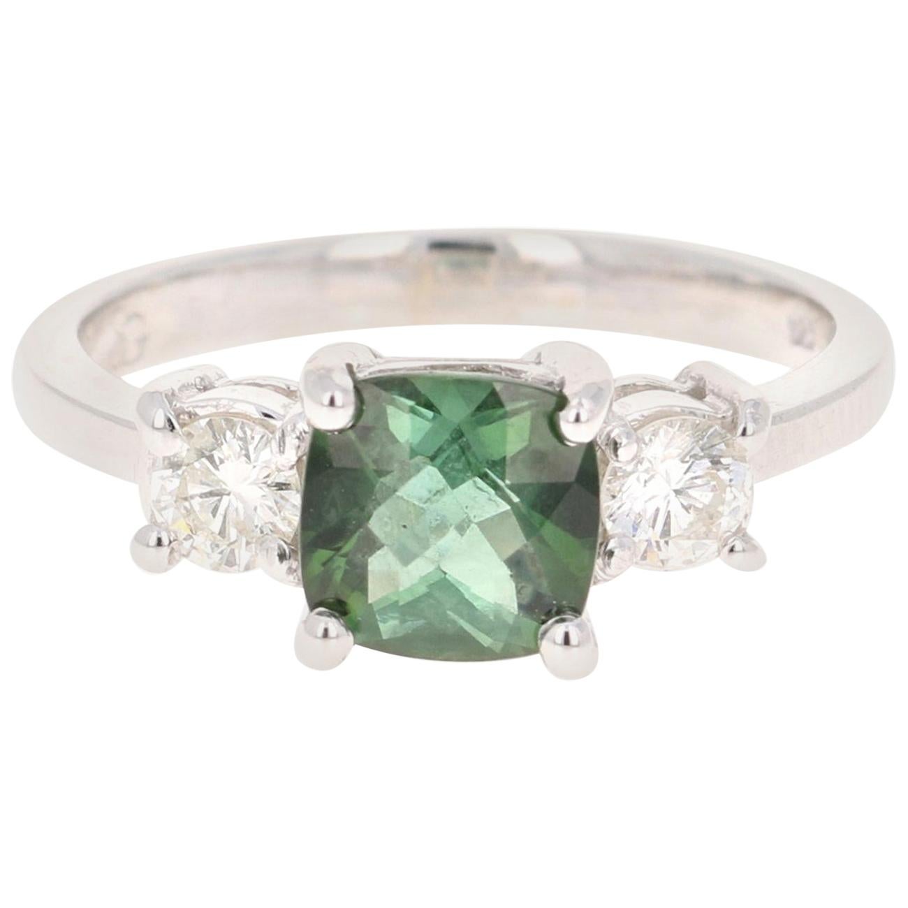 1.80 Carat Green Tourmaline Diamond Ring 14 Karat White Gold Three-Stone Ring For Sale