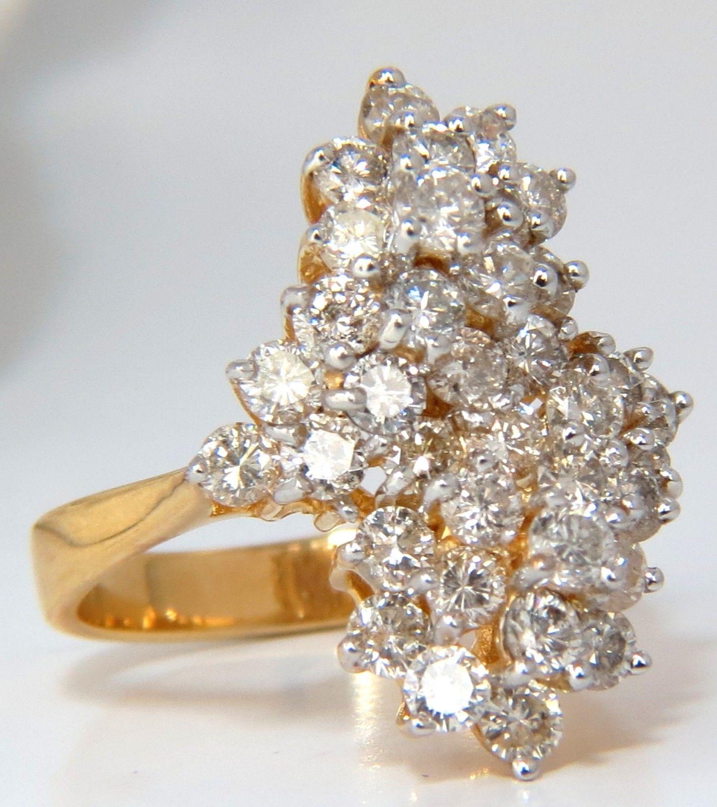 Double peak raised cocktail.

1.80cts Natural diamonds

 Rounds full cut Brilliant

I-color, Si-1  clarity.

14kt. yellow gold

5.5 grams.

current ring size: 

6.75

May be resized, please inquire. 

Deck of ring: .80 X .60 inch

$5,000 Appraisal
