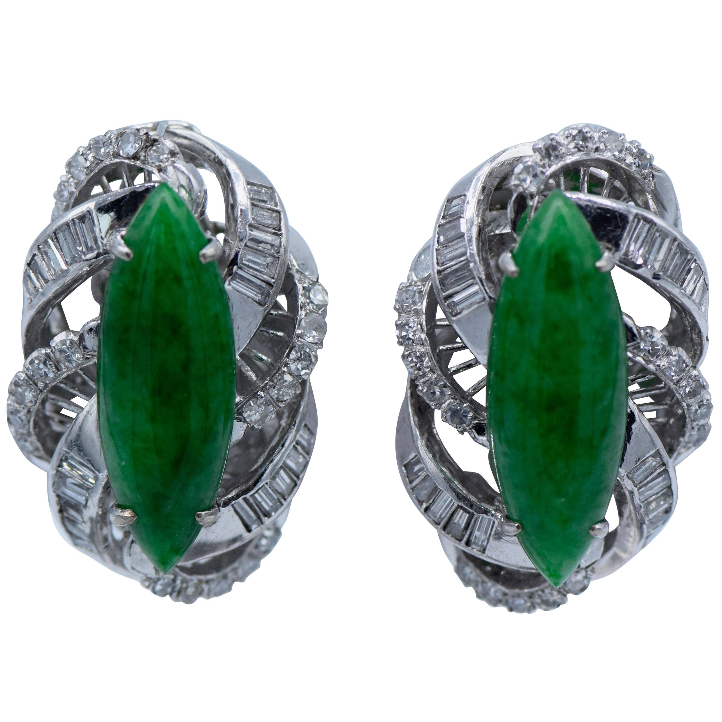 1.80 Carat Marque Shaped Jade Diamond Clip-On Earrings