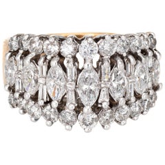 1.80 Carat Mixed Cut Diamond Ring Vintage 14 Karat Gold 3-Row Dome Jewelry
