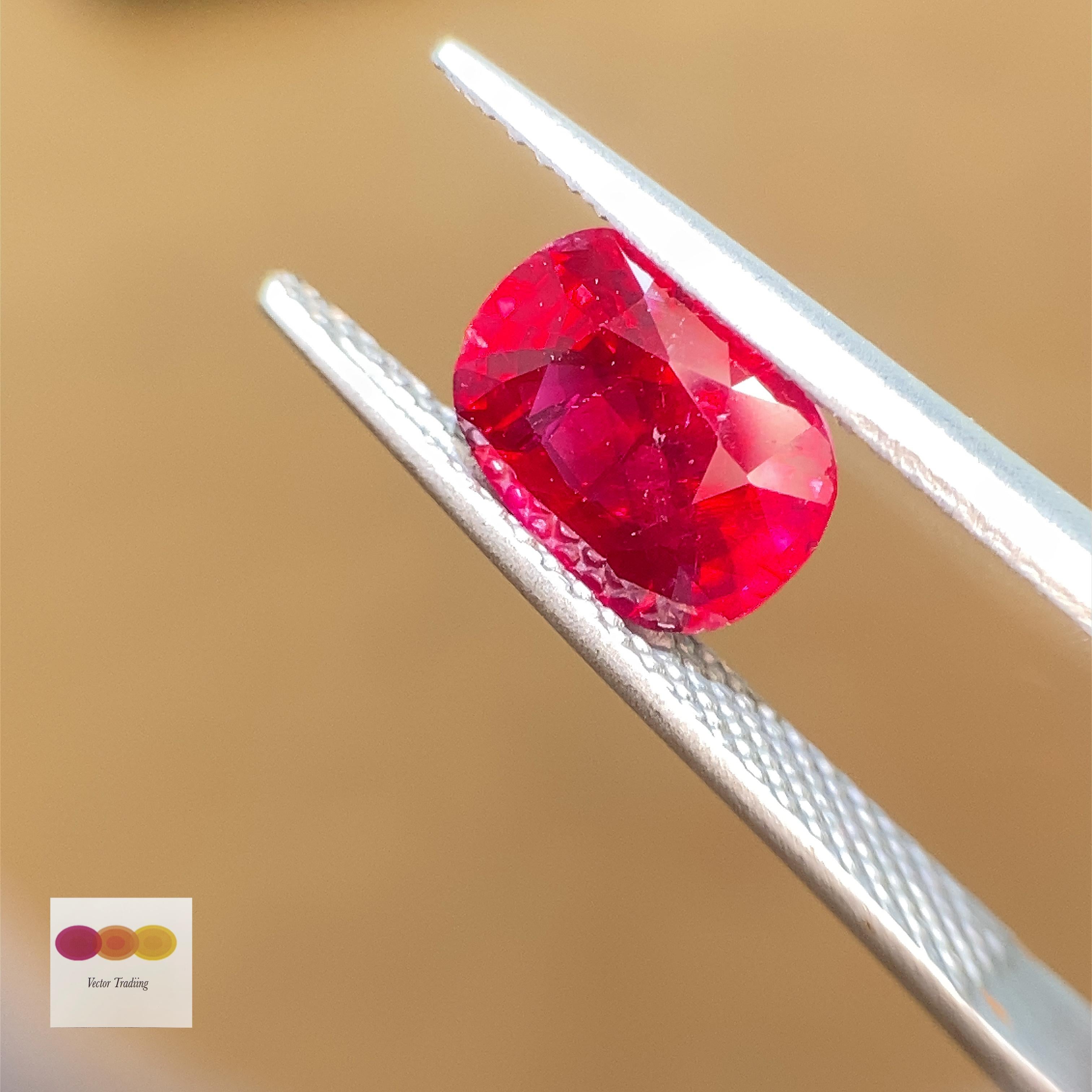 1.81 Carat GIA Certified Natural Burma No Heat Cushion-Cut Pigeon's Blood Red Ruby:

A rare gem, it is a natural cushion-cut Burmese natural unheated vivid red ruby weighing a 1.81 carat. The ruby, certified by GIA Lab, hails from the historic ruby