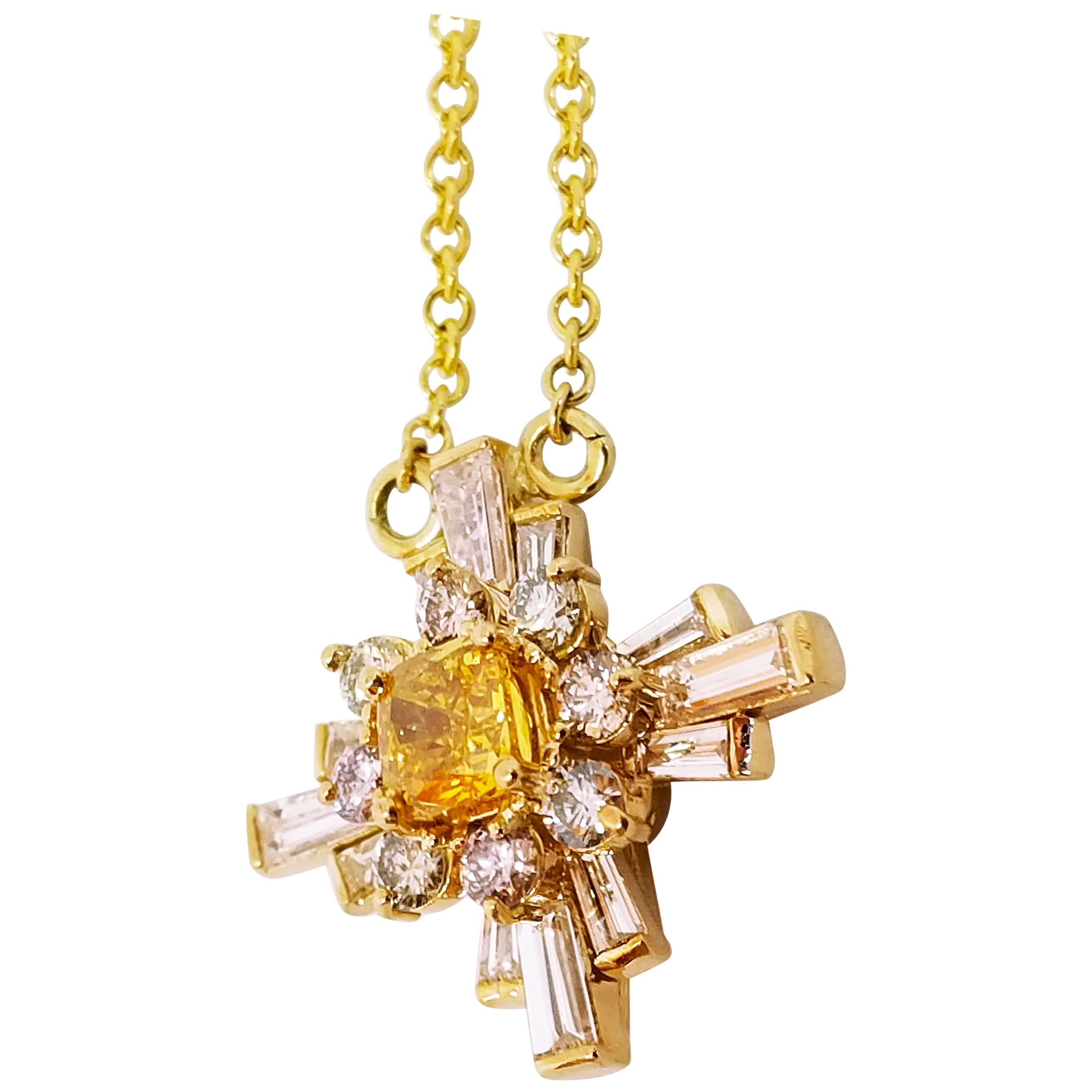 This One of a Kind, Star Cross Pendant Necklace features a Collection of Natural Fancy Color Diamonds. The nine Natural Color Fancy Diamonds in the Pendant have a combined weight of 1.0 Carat and feature a Beautiful and Rare Cushion Cut, 0.61 Carat,