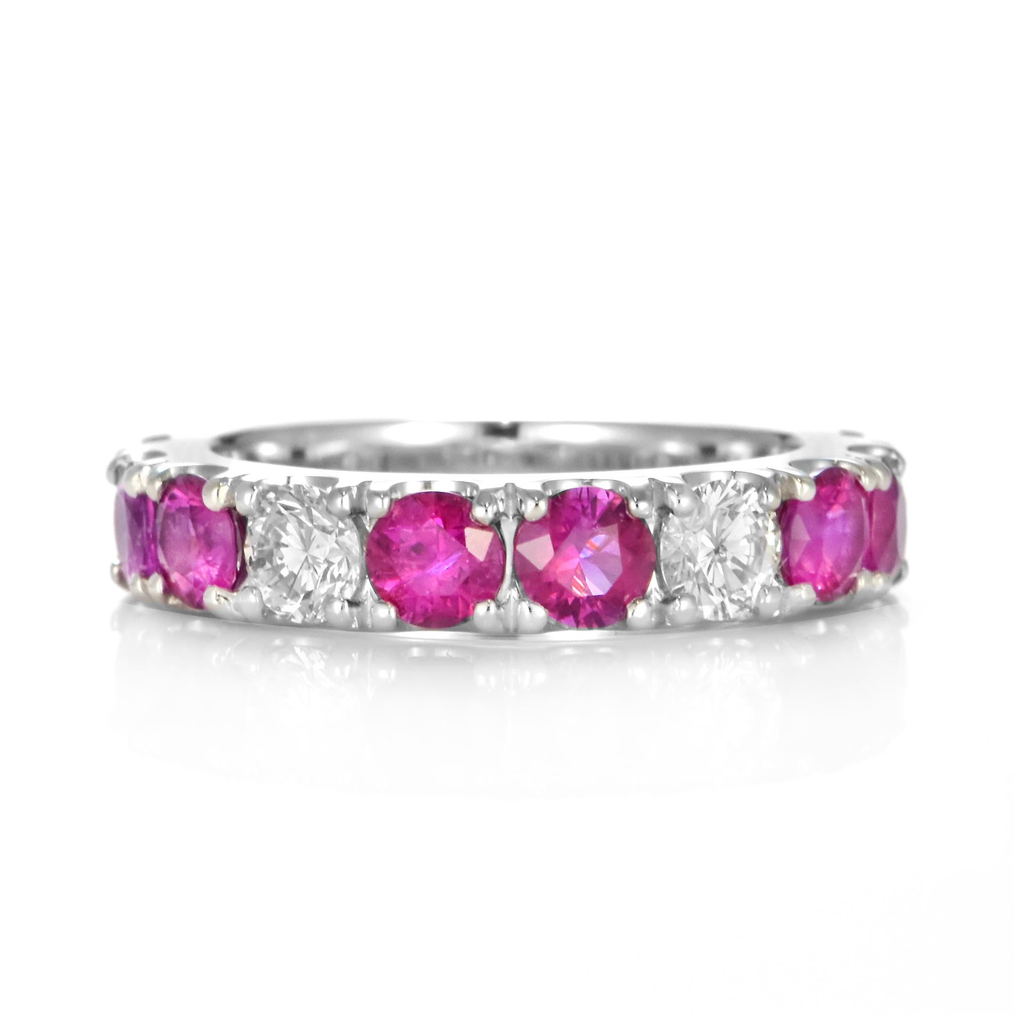 Round Cut 1.80 Carat Natural Ruby and Diamond Half-Eternity Ring Made in Platinum For Sale