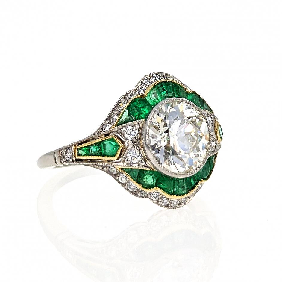 1.80 Carat Old European Cut Diamond Emerald Platinum Engagement Ring In Good Condition In New York, NY