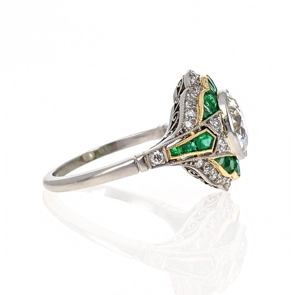 Women's or Men's 1.80 Carat Old European Cut Diamond Emerald Platinum Engagement Ring