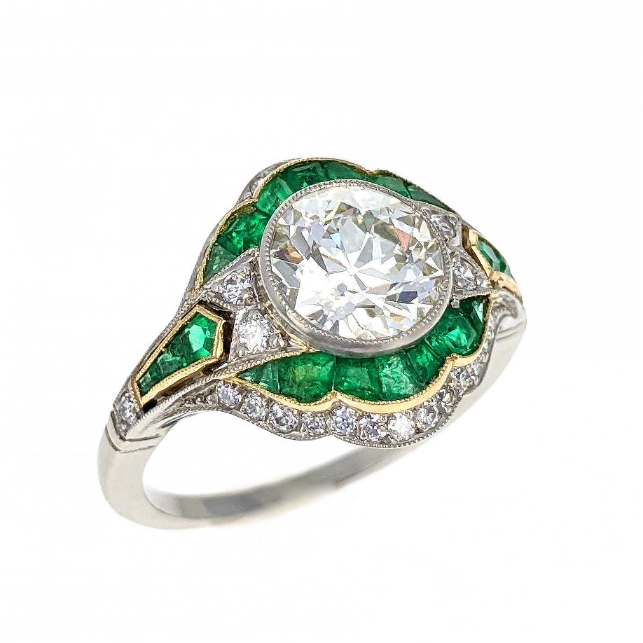 1.80 Carat Old European Cut Diamond Emerald Platinum Engagement Ring 2