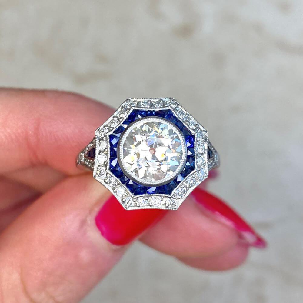 1.80 Carat Old Euro-Cut Diamond Engagement Ring, VS1 Clarity, Sapphire Halo For Sale 5
