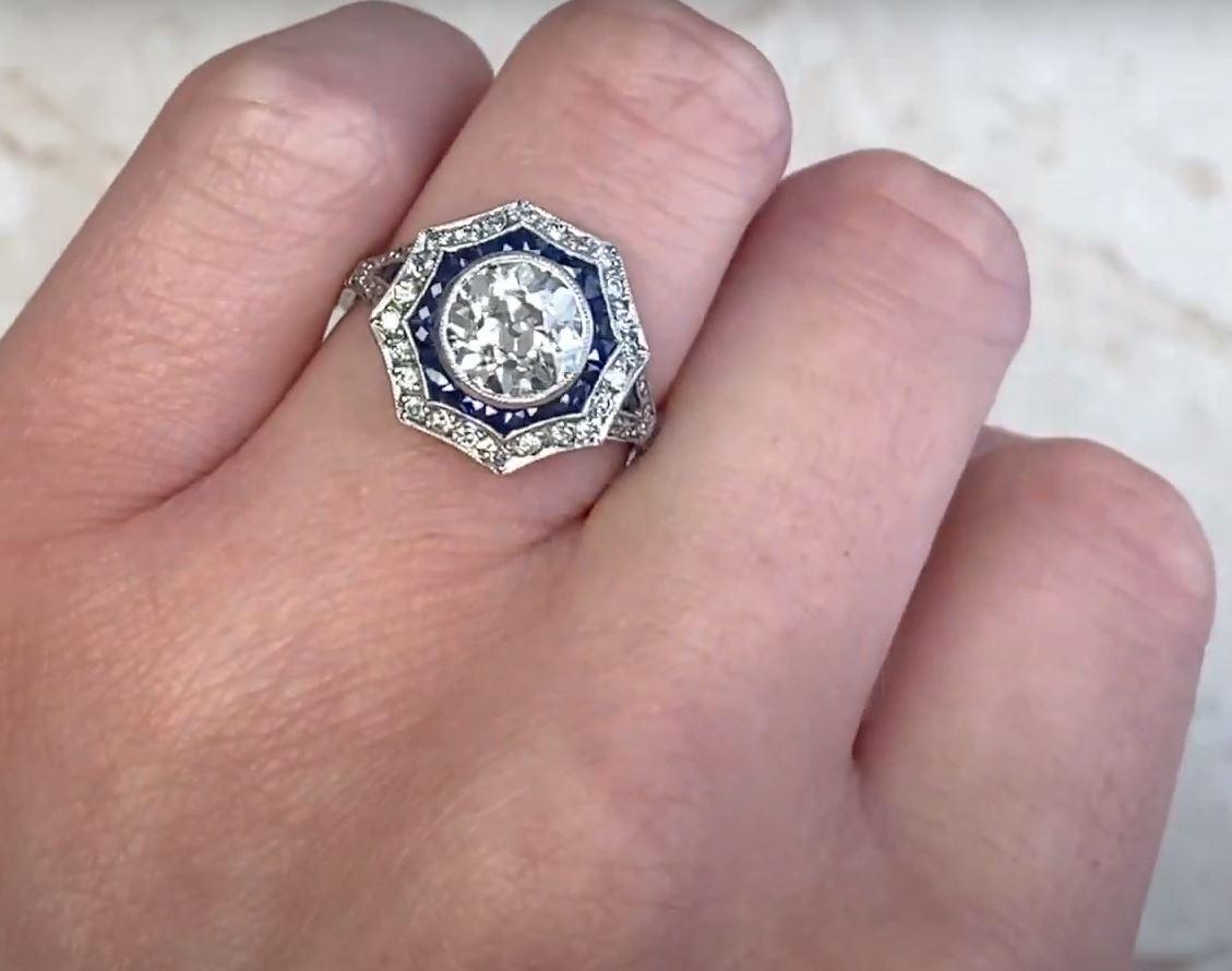 1.80 Carat Old Euro-Cut Diamond Engagement Ring, VS1 Clarity, Sapphire Halo For Sale 3