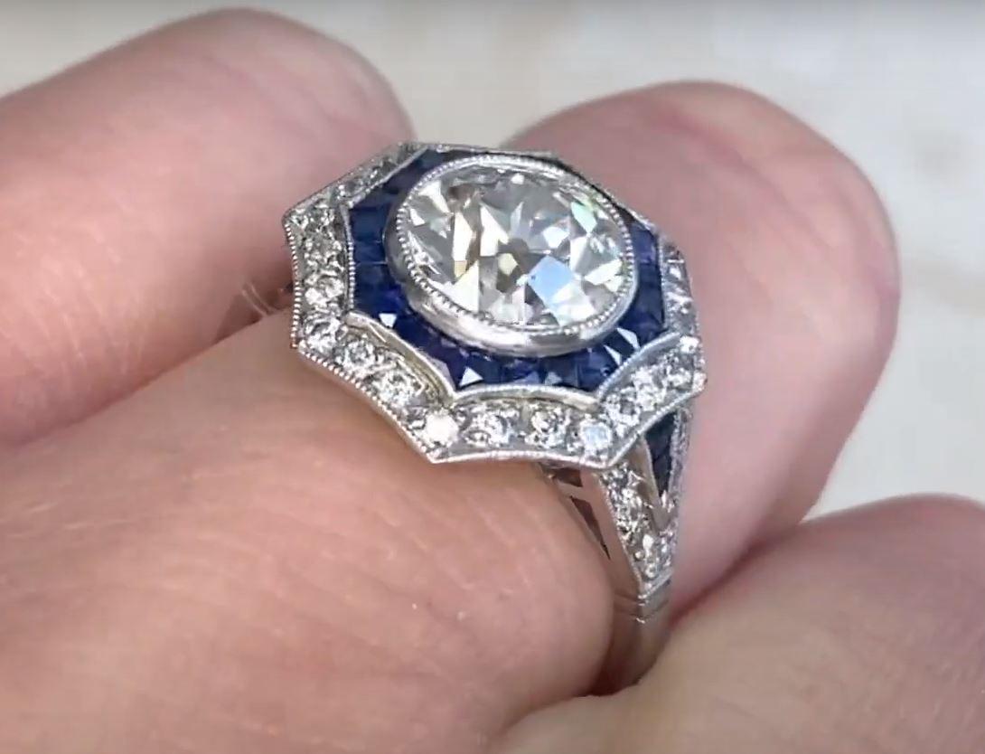 1.80 Carat Old Euro-Cut Diamond Engagement Ring, VS1 Clarity, Sapphire Halo For Sale 1