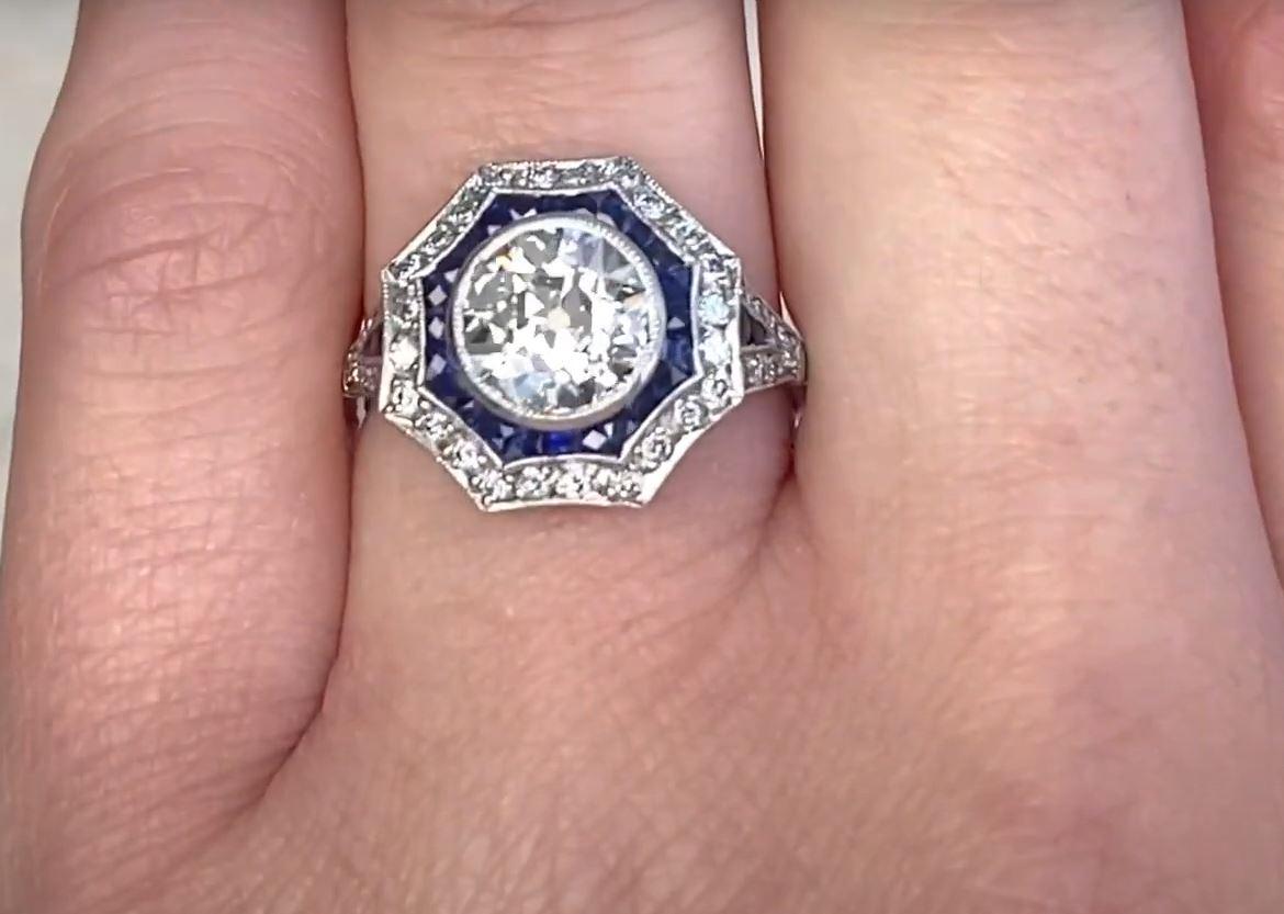 1.80 Carat Old Euro-Cut Diamond Engagement Ring, VS1 Clarity, Sapphire Halo In Excellent Condition For Sale In New York, NY