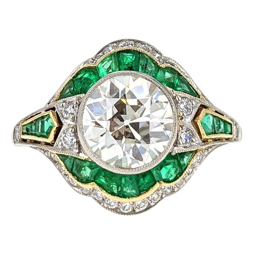 1.80 Carat Old European Cut Diamond Emerald Platinum Engagement Ring