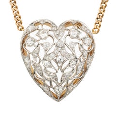 1.80 Carat Old European Diamond Gold Open Work Platinum Heart Pendant Necklace