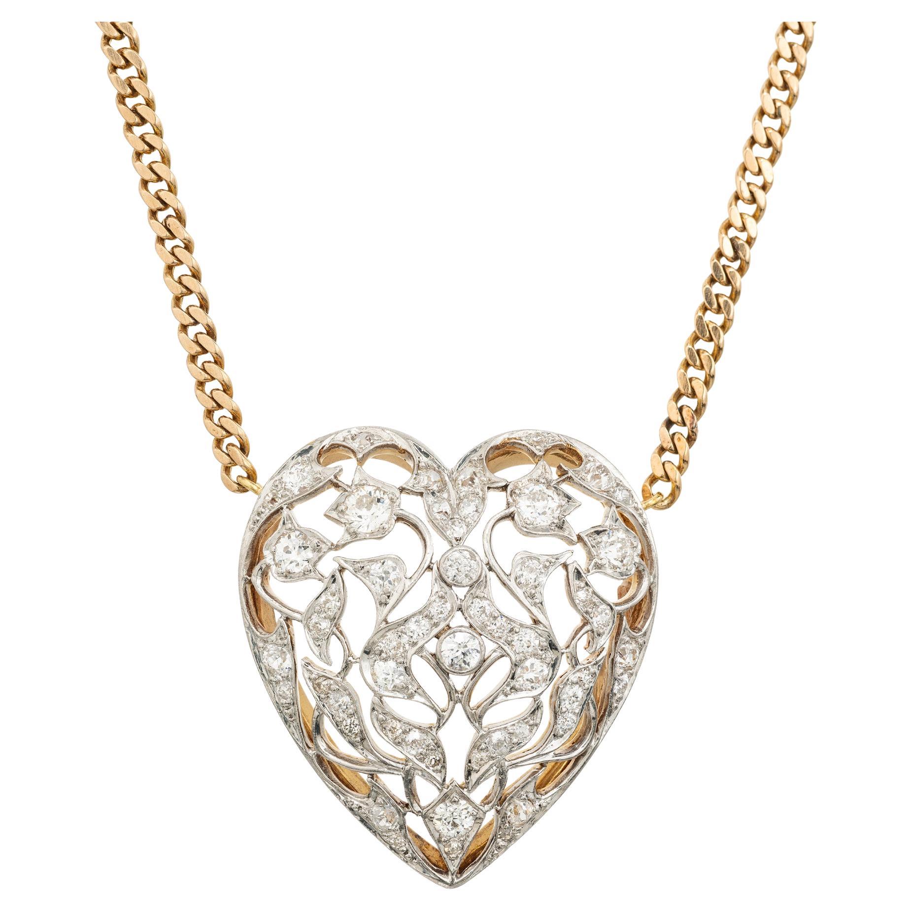 1.80 Carat Old European Diamond Gold Open Work Platinum Heart Pendant Necklace