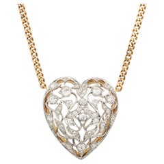 1.80 Carat Old European Diamond Gold Open Work Platinum Heart Pendant Necklace