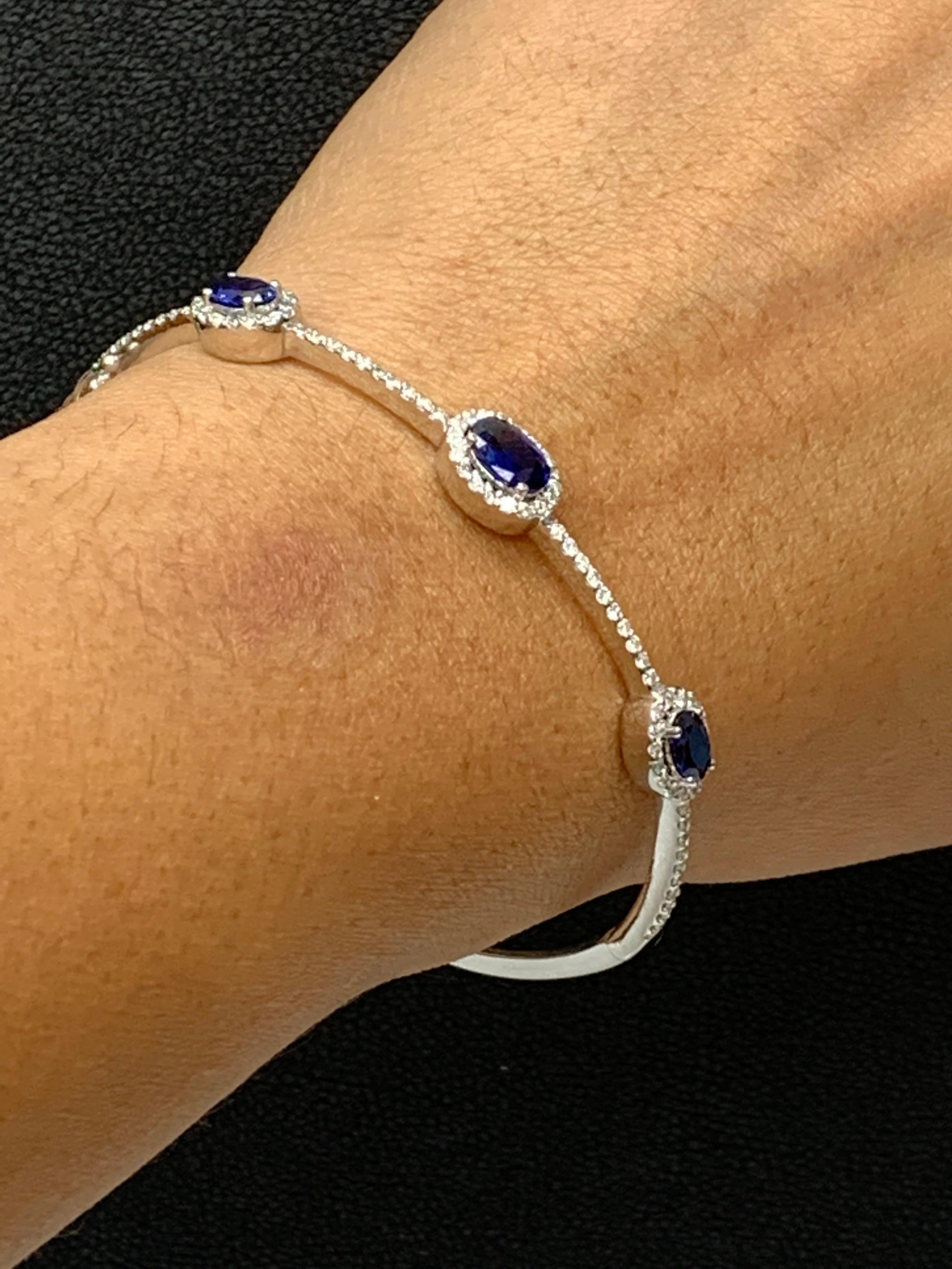 1.80 Carat Oval Cut Sapphire and Diamond Bangle Bracelet in 14K White Gold For Sale 5