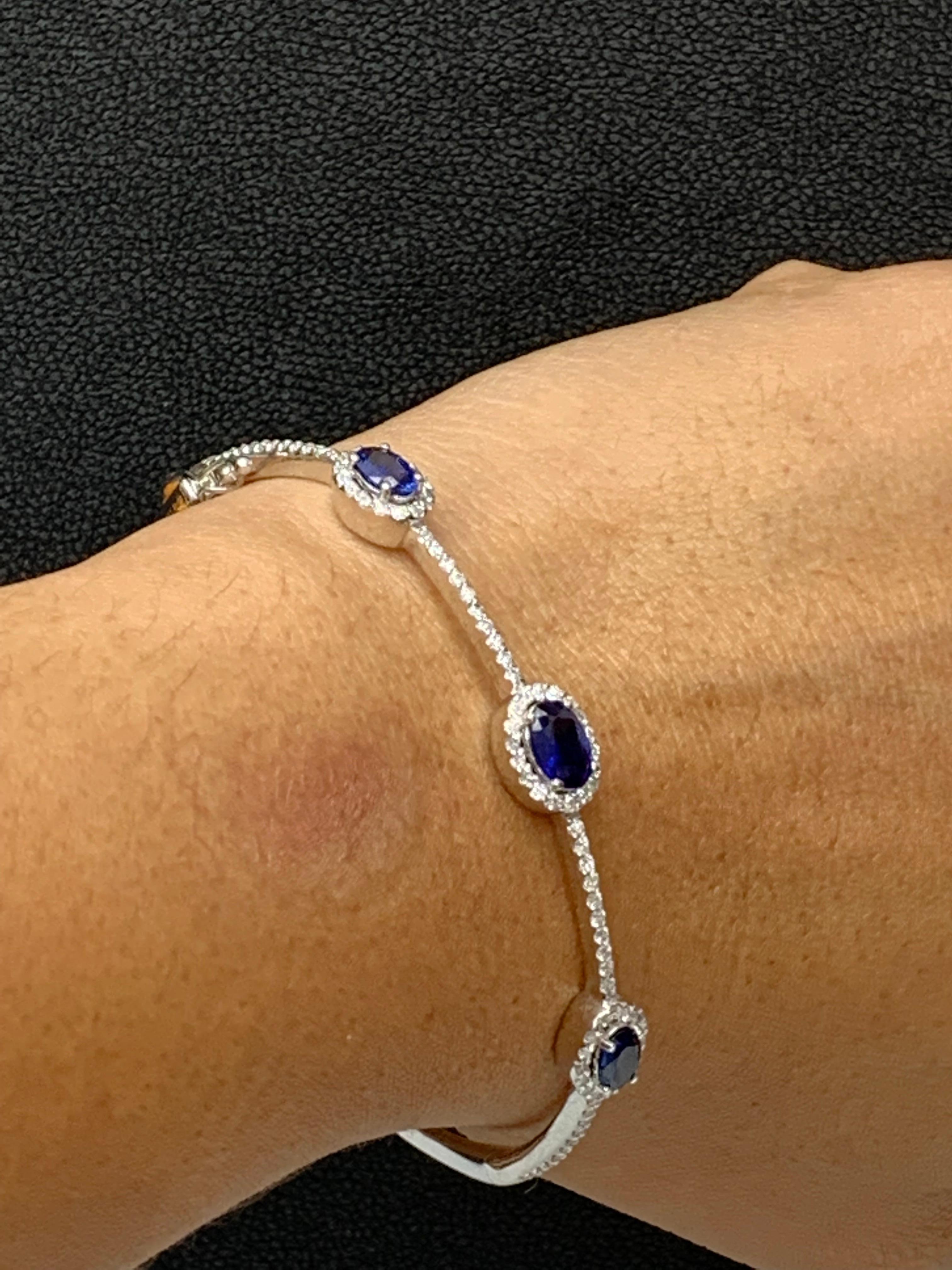 1.80 Carat Oval Cut Sapphire and Diamond Bangle Bracelet in 14K White Gold For Sale 6
