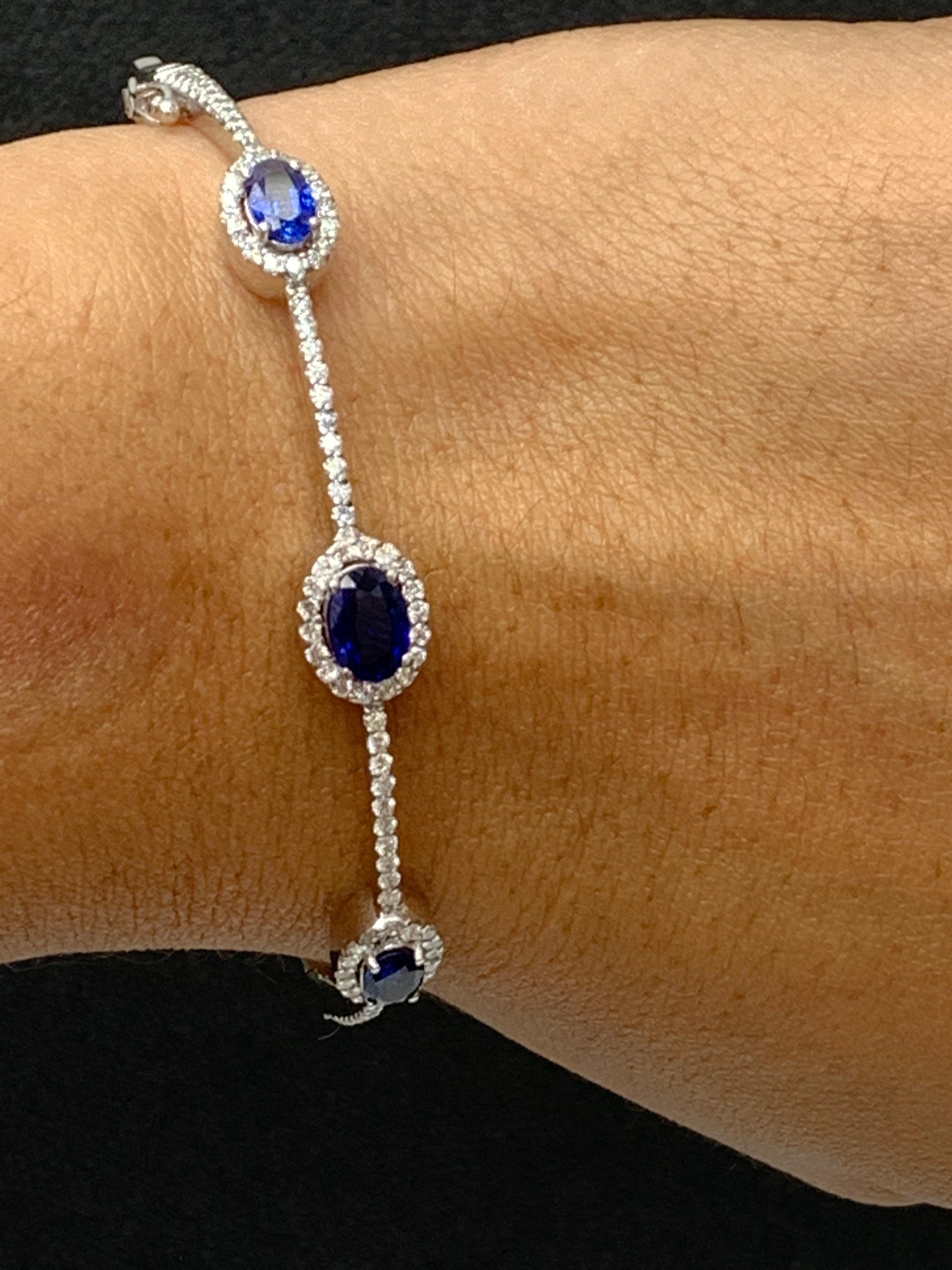 1.80 Carat Oval Cut Sapphire and Diamond Bangle Bracelet in 14K White Gold For Sale 7