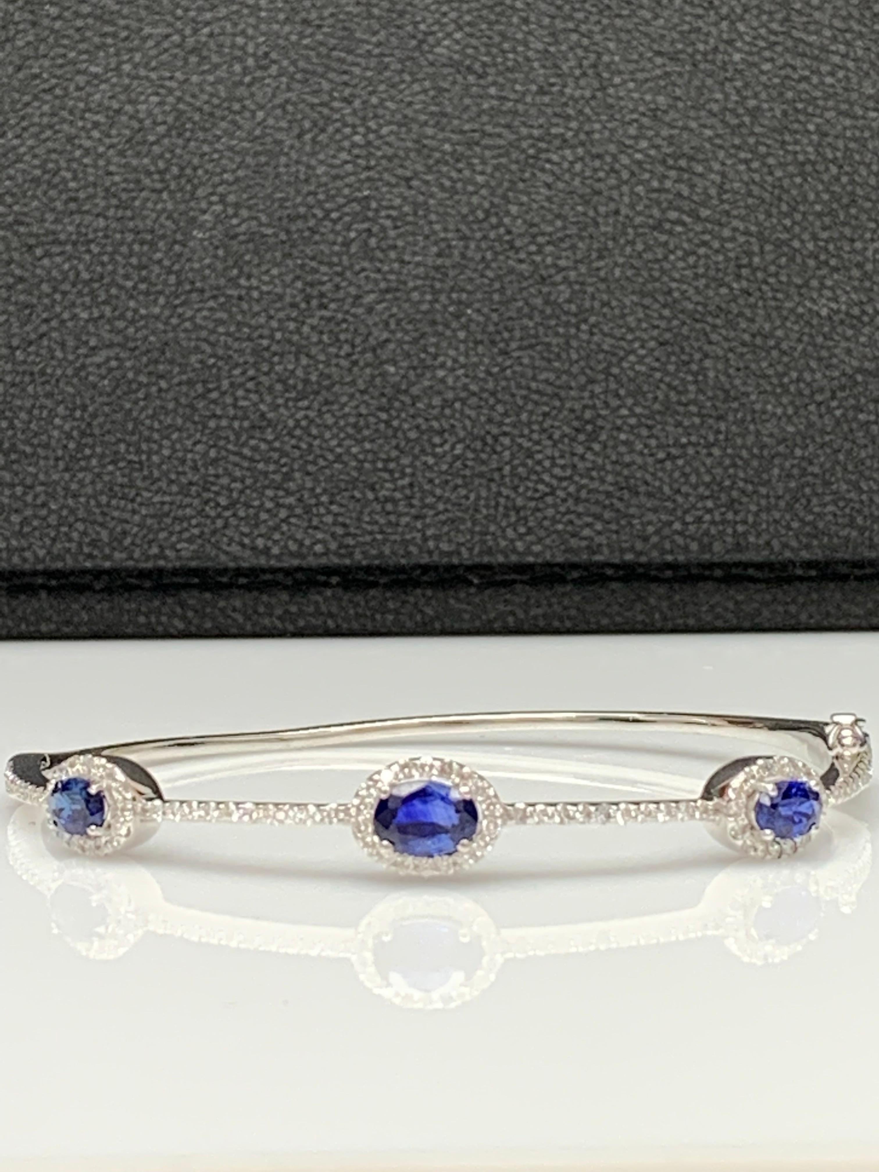 1.80 Carat Oval Cut Sapphire and Diamond Bangle Bracelet in 14K White Gold For Sale 1