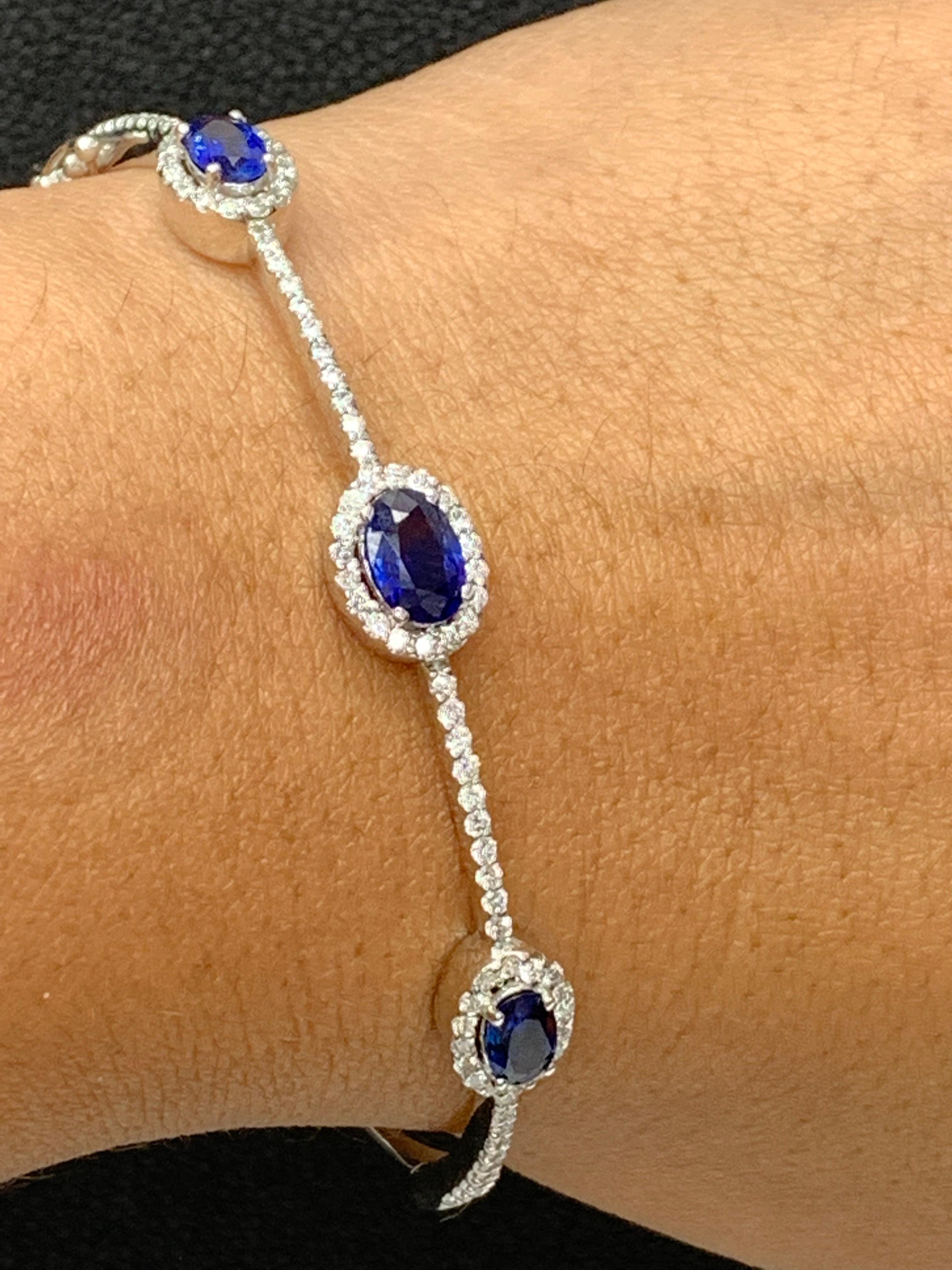 1.80 Carat Oval Cut Sapphire and Diamond Bangle Bracelet in 14K White Gold For Sale 3