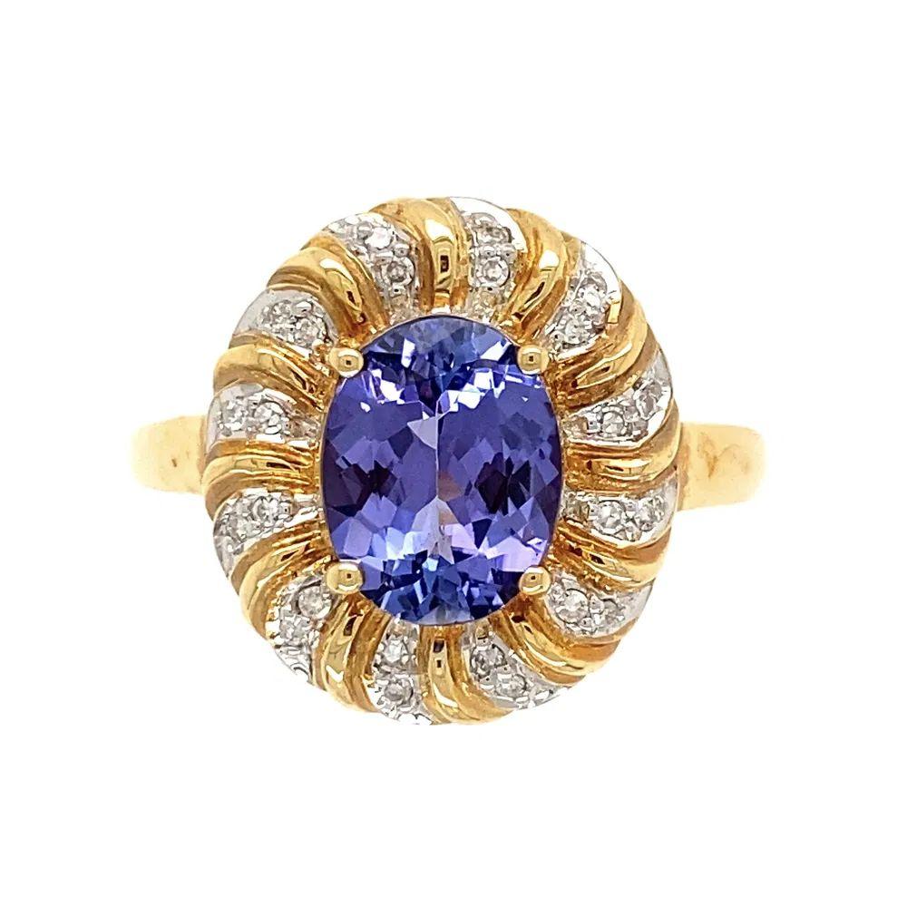 1,80 Karat Ovaler Tansanit und Diamant Gold Statement Vintage Cocktail Ring (Ovalschliff) im Angebot