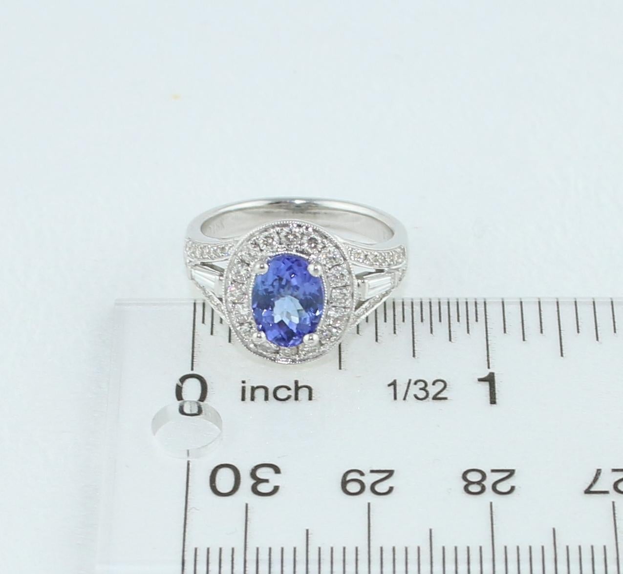 1.80 Carat Oval Tanzanite Diamond Halo Gold Ring For Sale 1