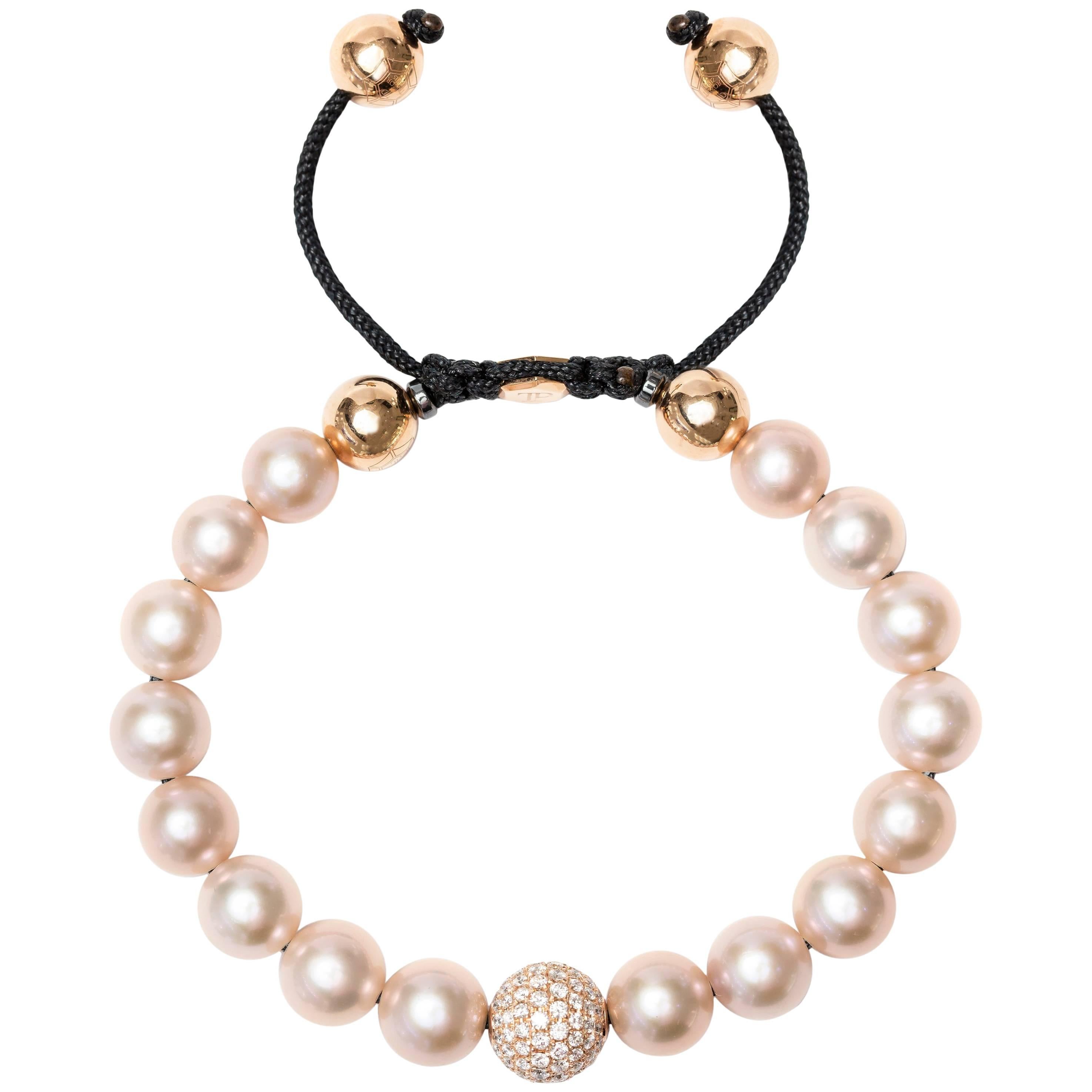 1.80 Carat Pink Fresh Water Pearl Pave Set Rose Gold Diamond Ball Bracelet  For Sale