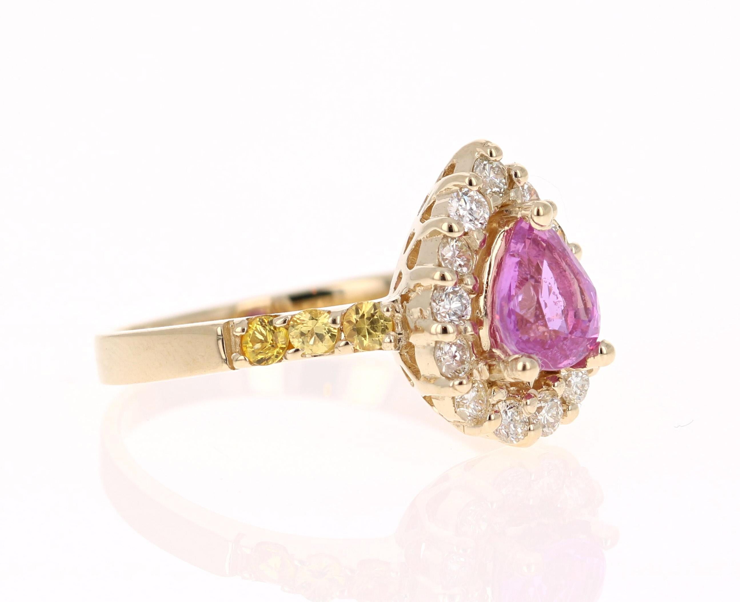 Cute Pink Sapphire and Diamond Ring! Can be an everyday ring or a unique Engagement Ring!

This beautiful ring has a Pear Cut Pink Sapphire that weights 1.11 Carats. 

The ring is embellished with 14 Round Cut Diamonds that weigh 0.41 Carats with a